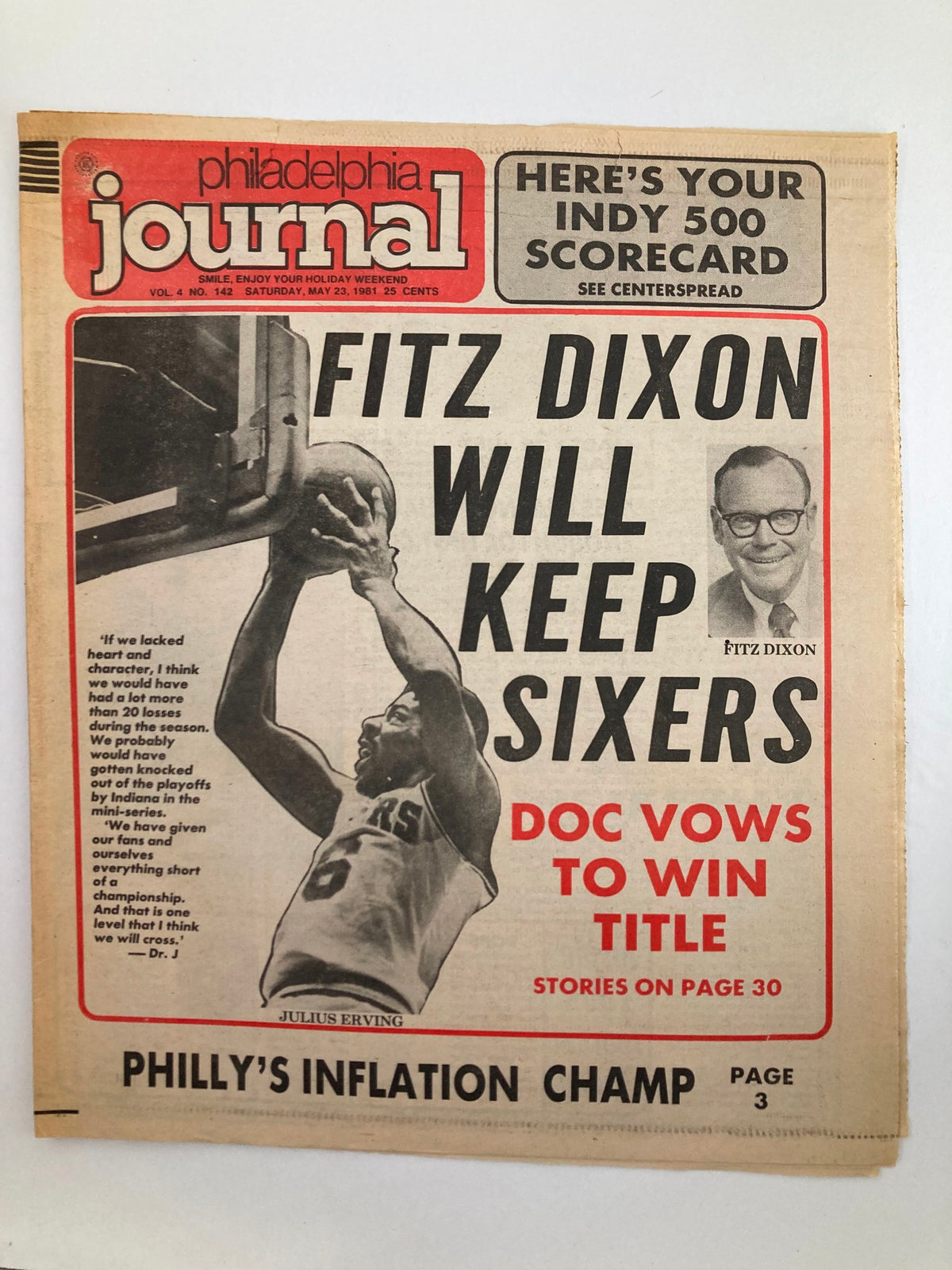Philadelphia Journal Tabloid May 23 1981 Vol 4 #142 featuring NBA player Julius Erving on the cover, highlighting Fitz Dixon's commentary about the Sixers and their pursuit of the title.