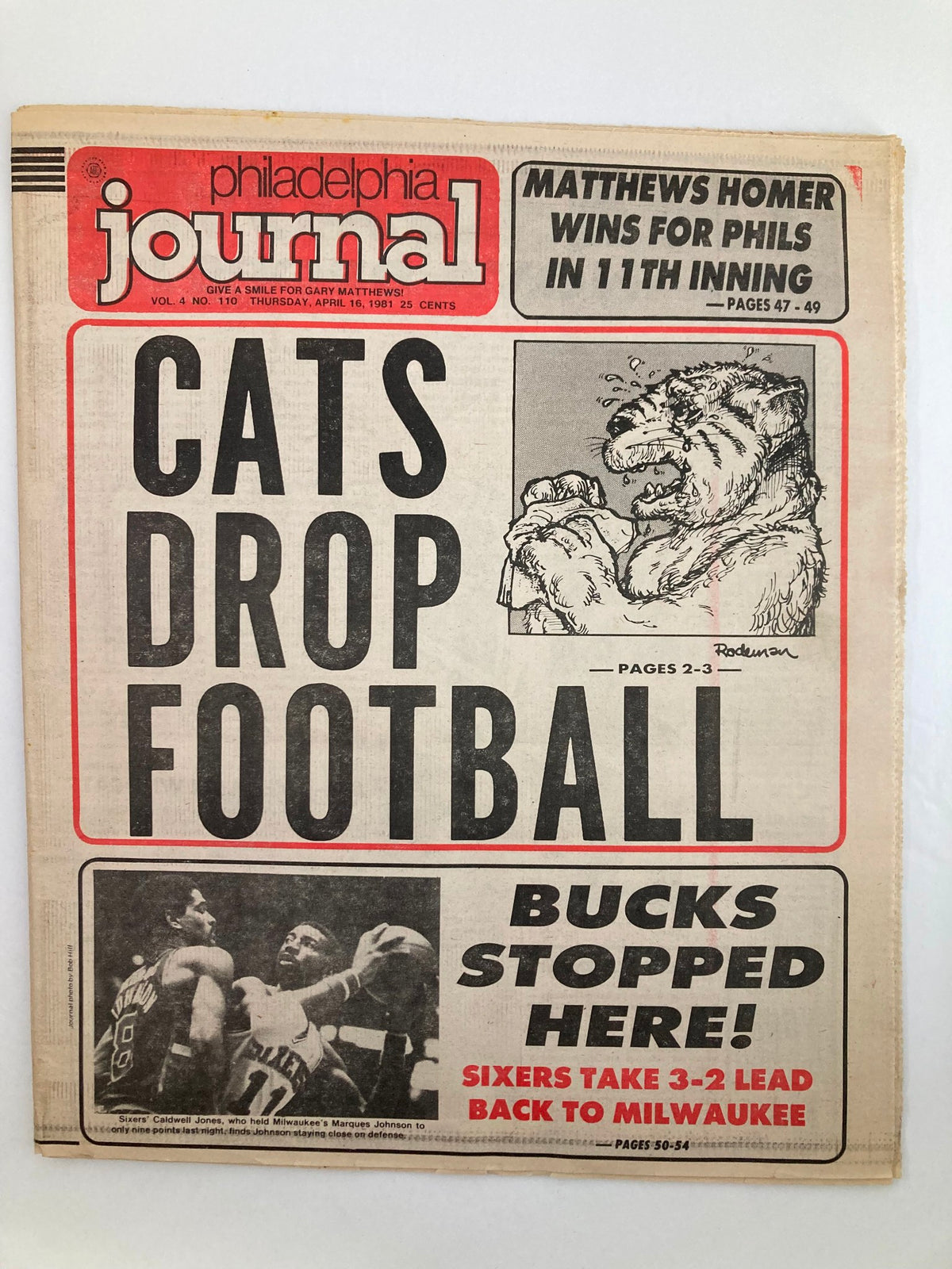 Philadelphia Journal Tabloid April 16 1981 Vol 4 #110, featuring the headline 'Cats Drop Football' and reporting on the Bucks game, with a cartoon illustration on the cover.