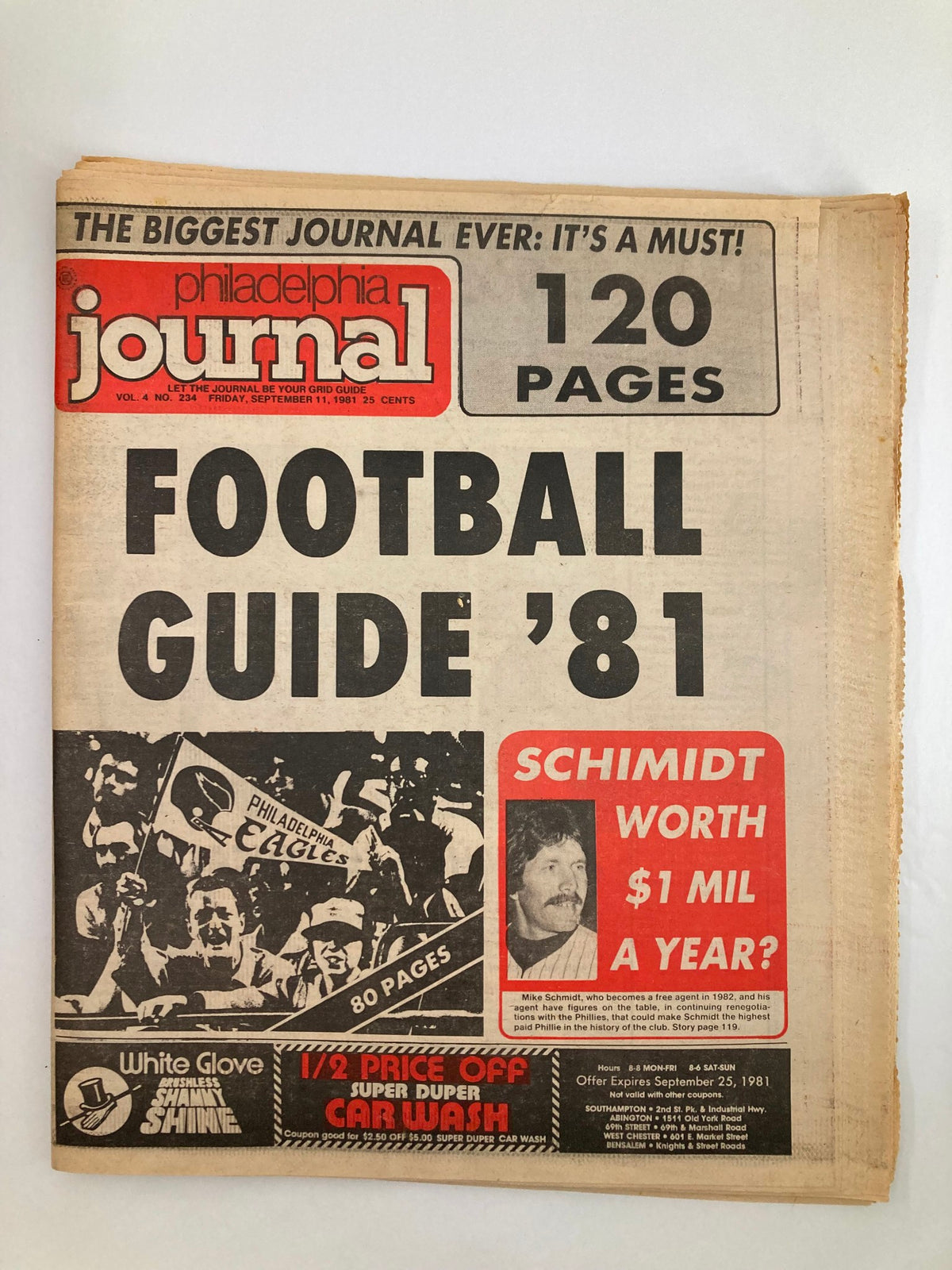 Philadelphia Journal Tabloid September 11 1981 Vol 4 #234 featuring a cover story on Football Guide '81 with a mention of MLB Mike Schmidt, showcasing sports photography and vibrant headlines.