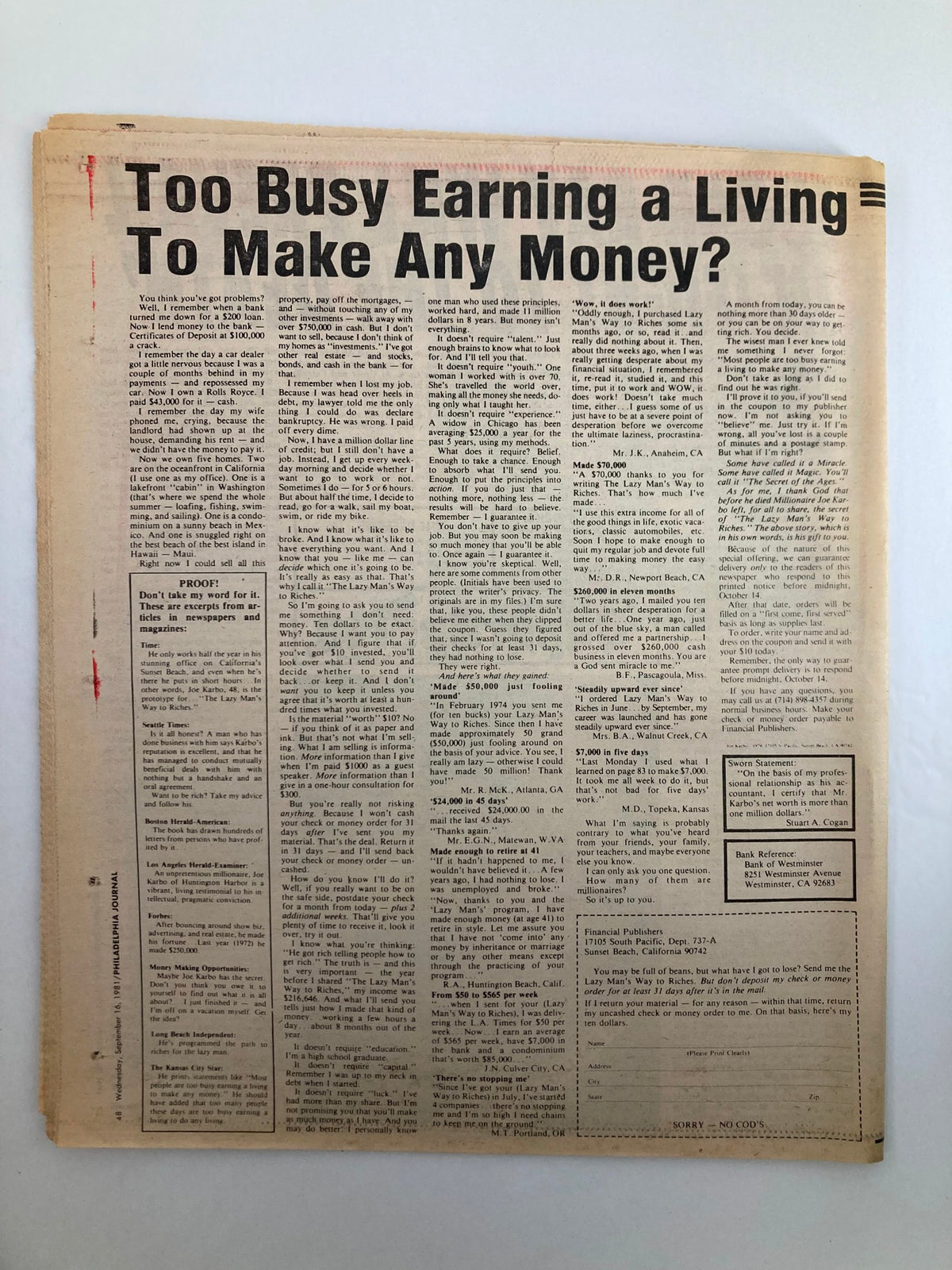 Interior page of the Philadelphia Journal Tabloid from September 16, 1981 featuring an article titled 'Too Busy Earning a Living To Make Any Money?' with a discussion on financial challenges and work-life balance.