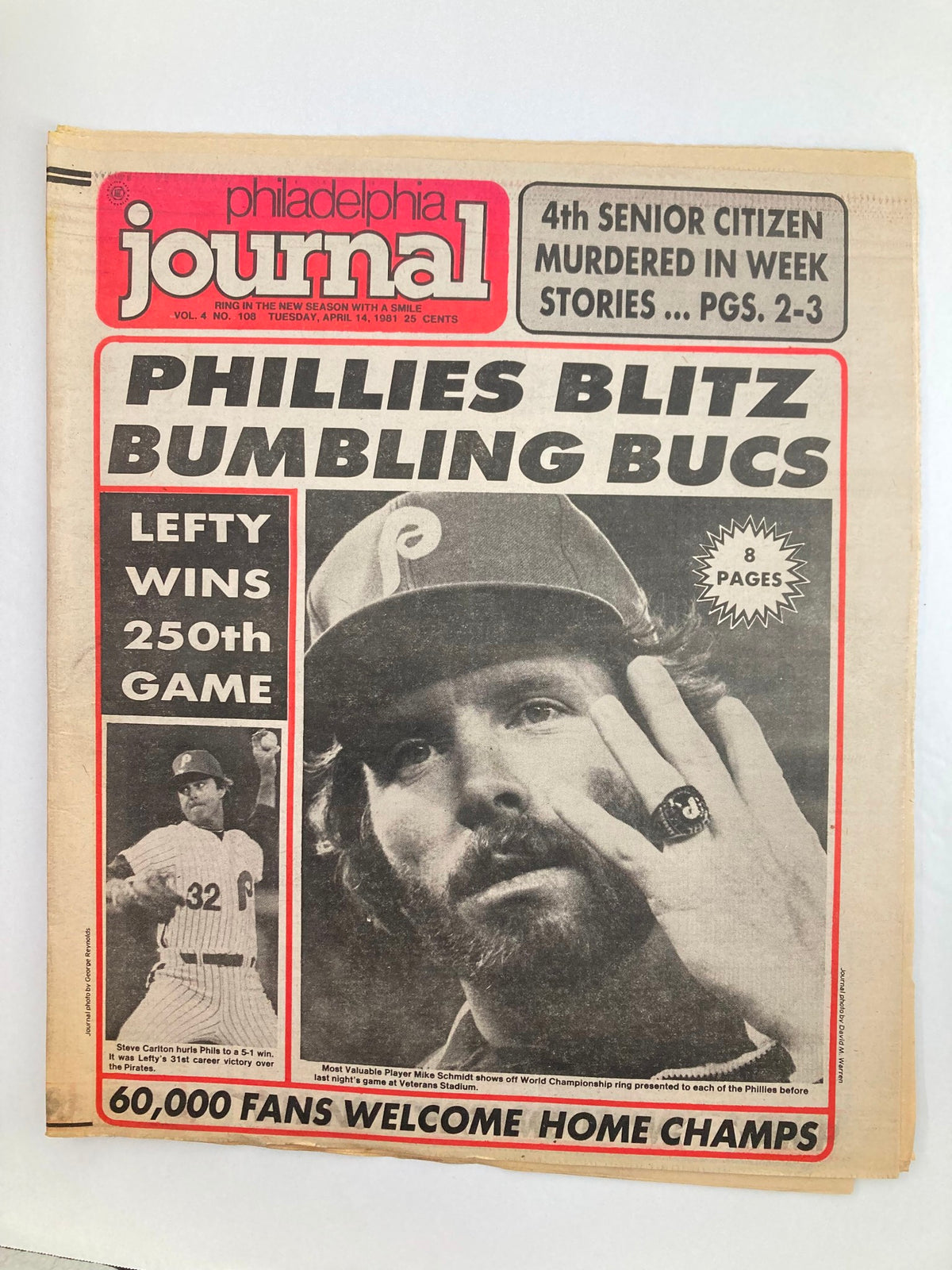 Philadelphia Journal Tabloid dated April 14, 1981, Vol 4 #108 featuring MLB Phillies player Mike Schmidt. The front page includes headlines and images celebrating the team's performance.