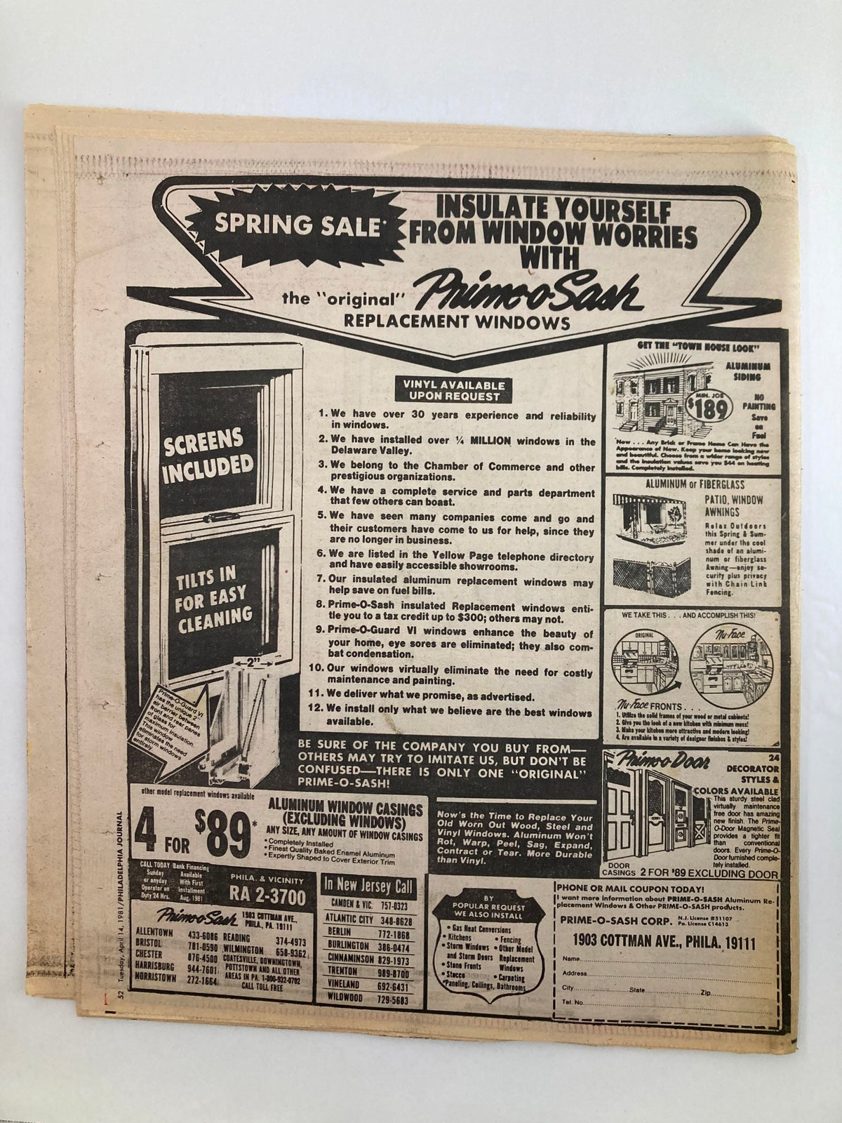 Back cover of Philadelphia Journal Tabloid from April 14, 1981, Vol 4 #108 featuring advertisements for replacement windows and services. An informative look at local businesses in the 1980s.