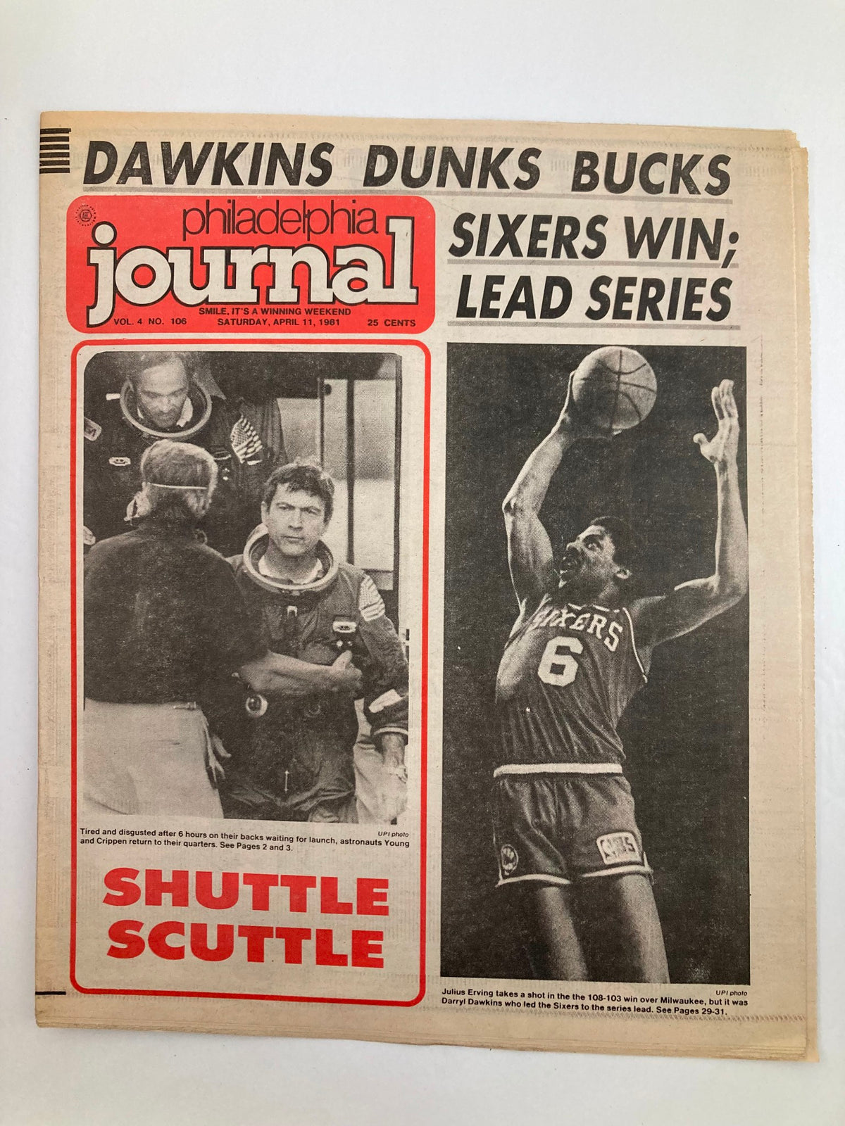 Cover of Philadelphia Journal Tabloid, April 11, 1981, Vol 4 #106, featuring Julius Erving and basketball highlights.