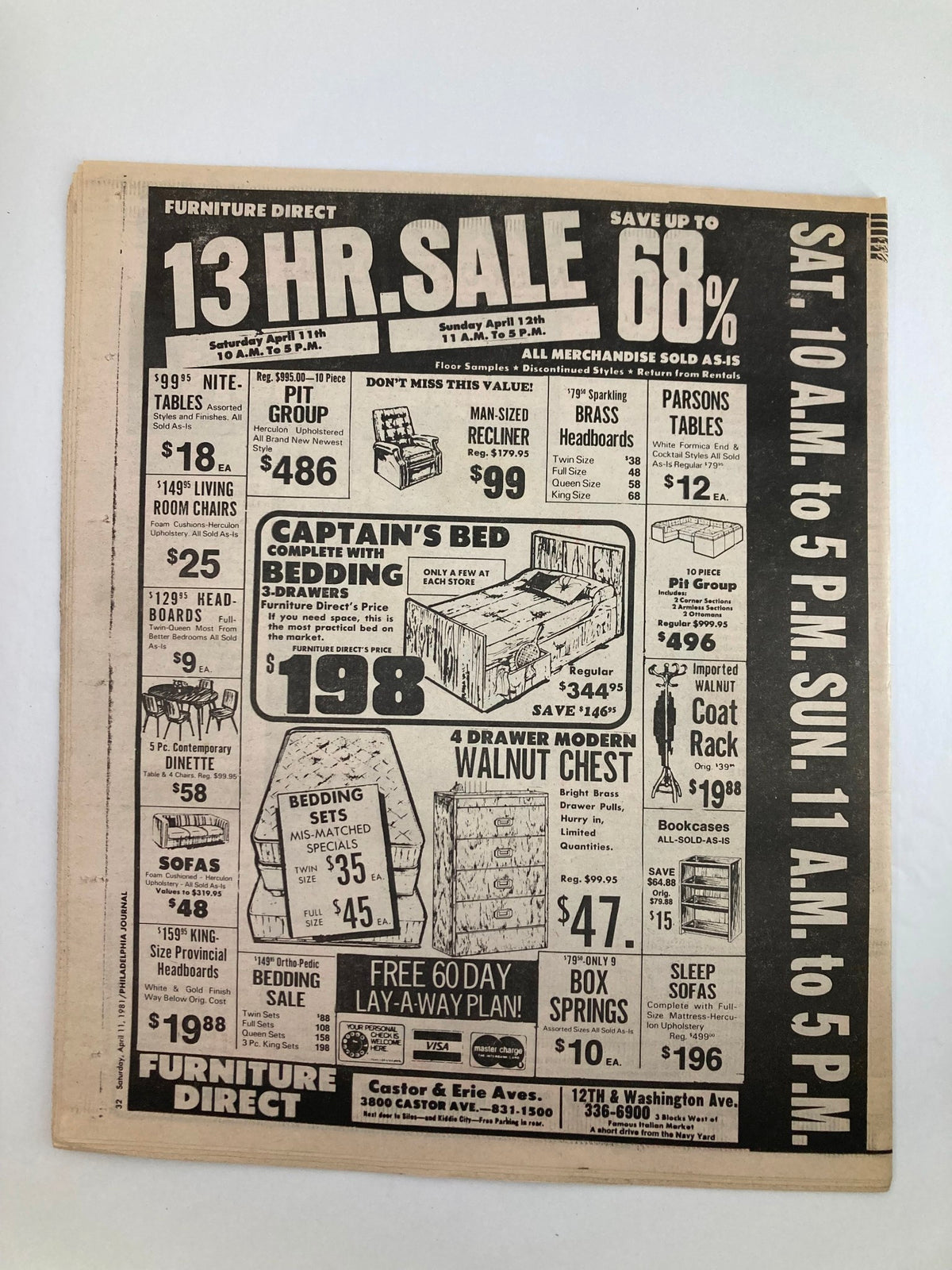 Advertisement page from Philadelphia Journal Tabloid, April 11, 1981, showcasing a furniture sale.