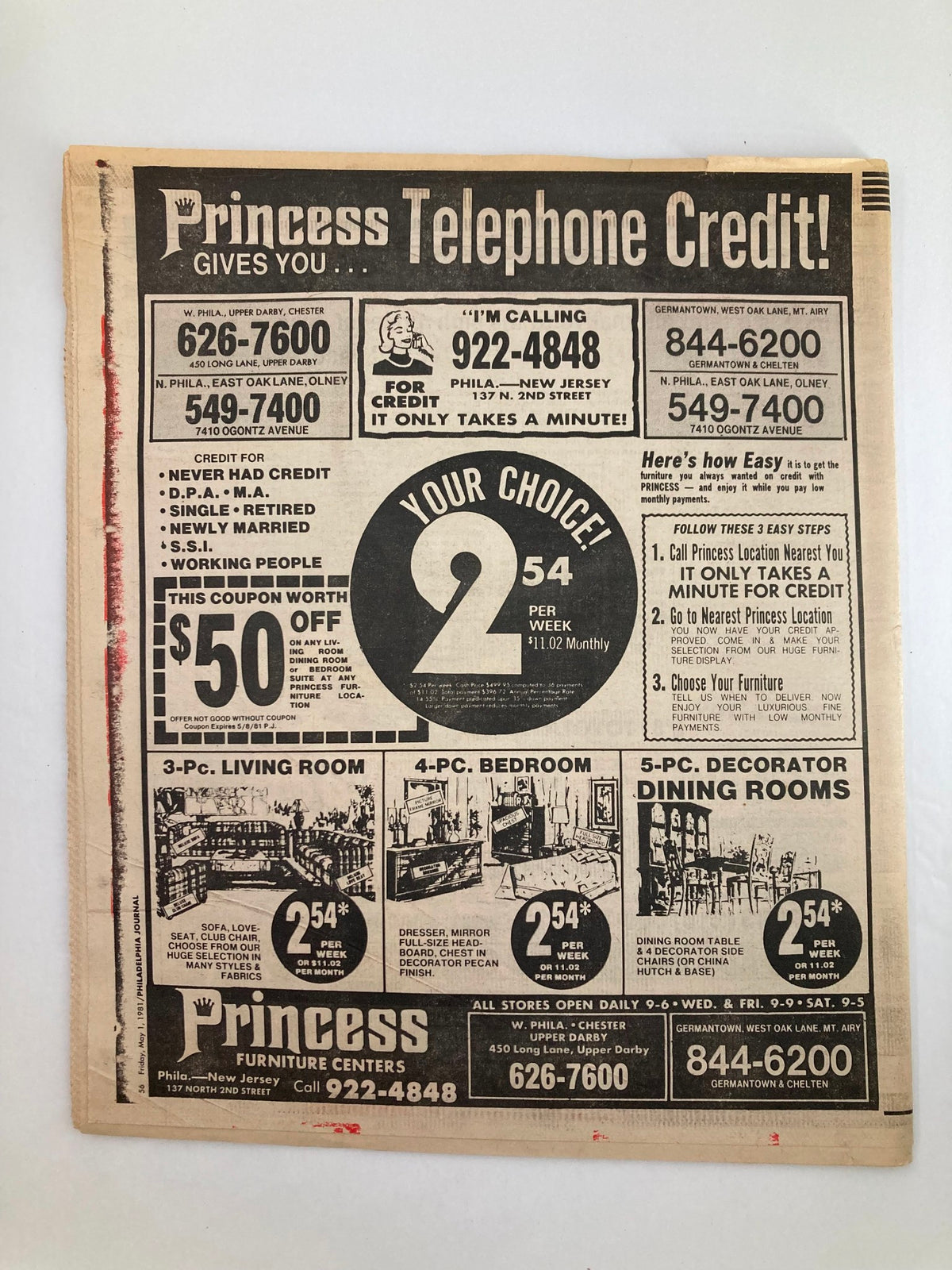 Back cover of Philadelphia Journal Tabloid May 1 1981 Vol 4 #123 featuring an advertisement for Princess Furniture Centers with details on furniture credit offers and prices.