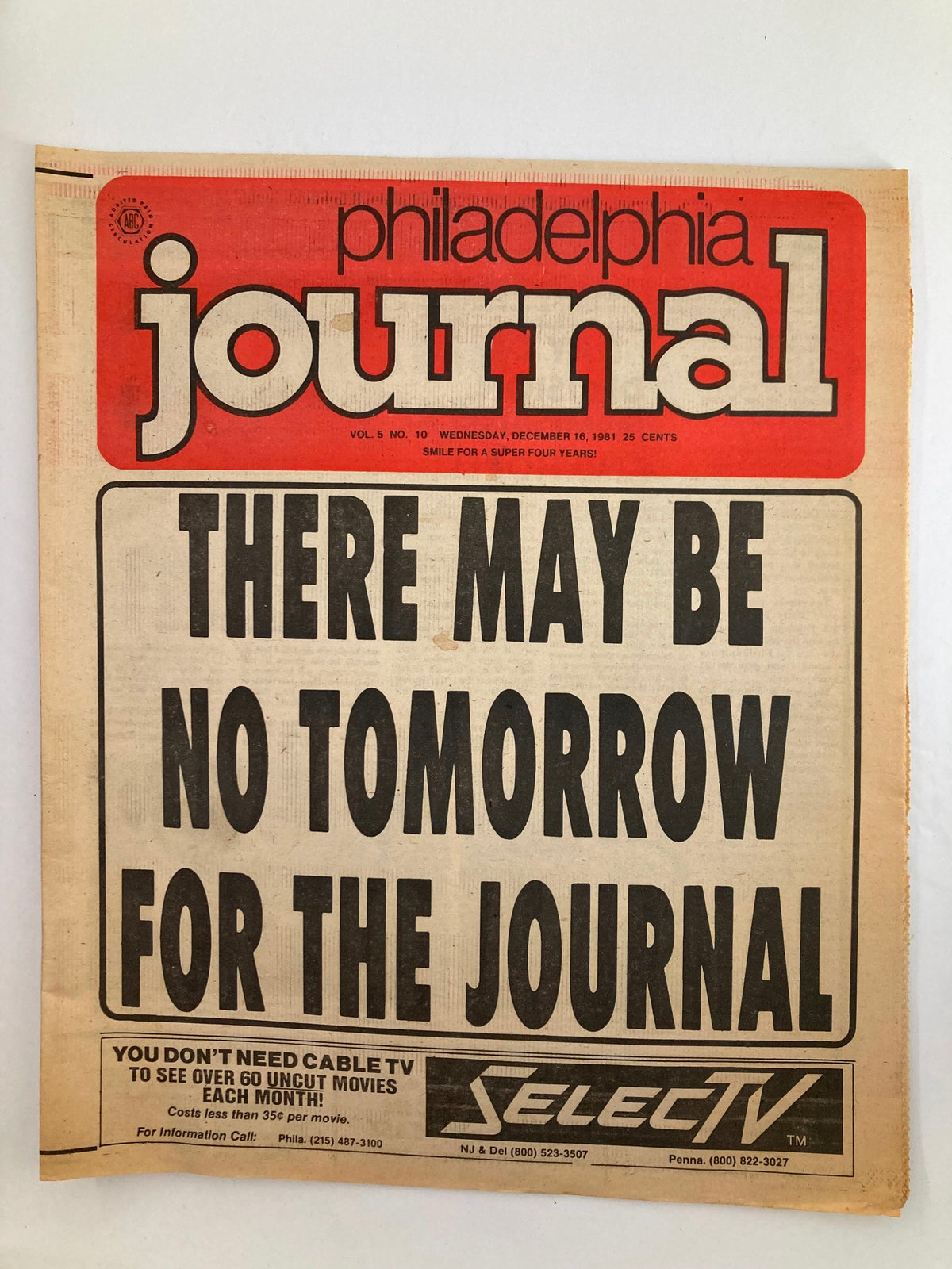 Philadelphia Journal Tabloid December 16 1981 Vol 5 #10 featuring the headline 'There May Be No Tomorrow for the Journal', showcasing a vintage newspaper style from the early 1980s.