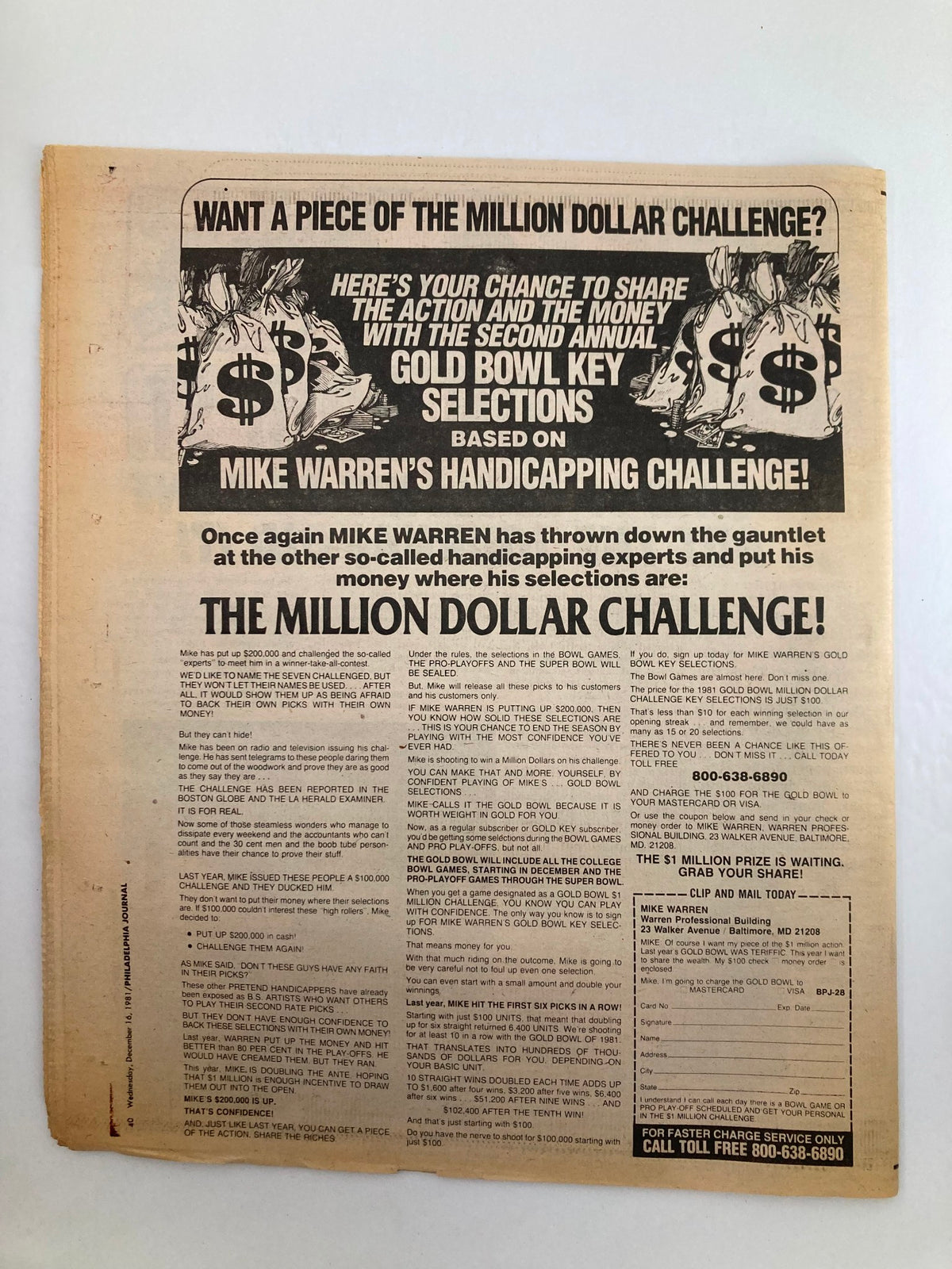 Advertisment from the Philadelphia Journal Tabloid December 16, 1981 Vol 5 #10 'There May Be No Tomorrow', promoting the Million Dollar Challenge by Mike Warren, featuring money bags and detailed information about the Gold Bowl key selections and betting opportunities.