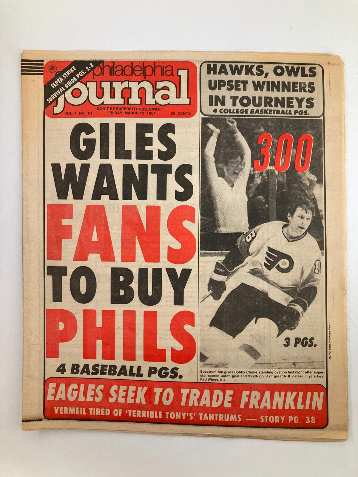 Front cover of the Philadelphia Journal Tabloid, dated March 13, 1981, featuring headlines about fans supporting the Phillies, a mention of Bobby Clarke from the NHL Flyers, and other sports news, all in a vintage newspaper style.