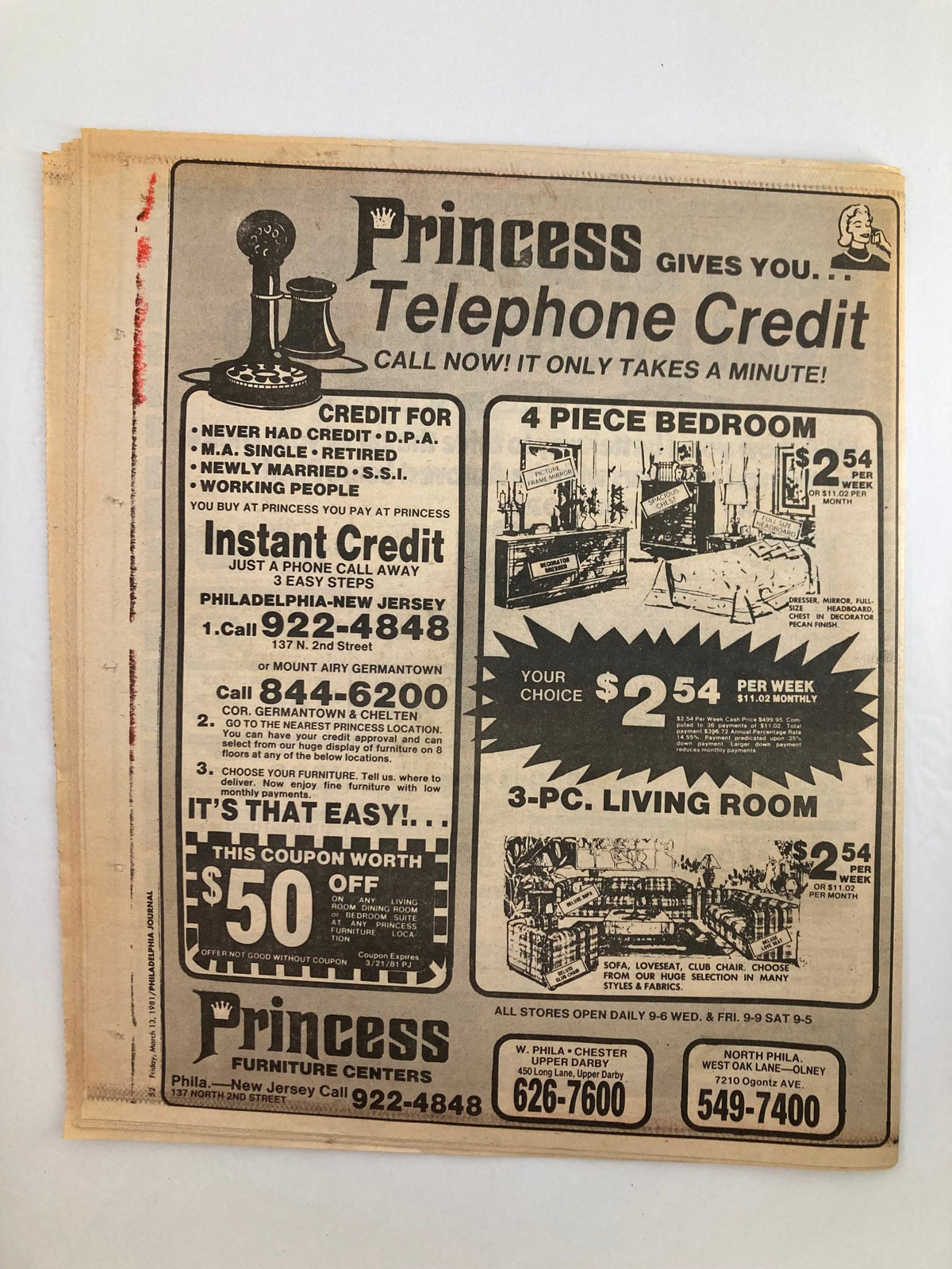 Back cover of the Philadelphia Journal Tabloid from March 13, 1981, featuring an advertisement for Princess Furniture Centers, showcasing telephone credit offers and furniture options, presented in a classic newspaper layout.