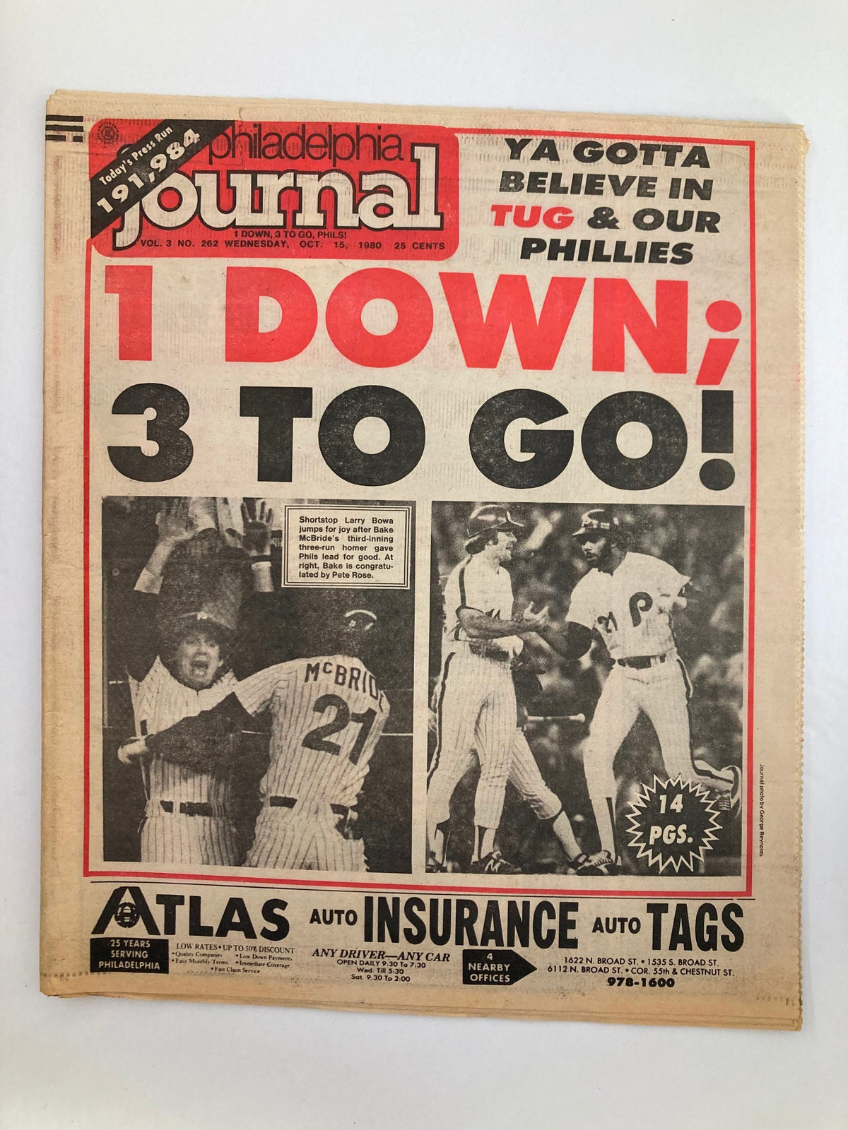 Cover of Philadelphia Journal Tabloid dated October 15, 1980, Volume 3 #262, featuring a headline '1 Down; 3 to Go!' and images of MLB Phillies players Larry Bowa and McBride celebrating.