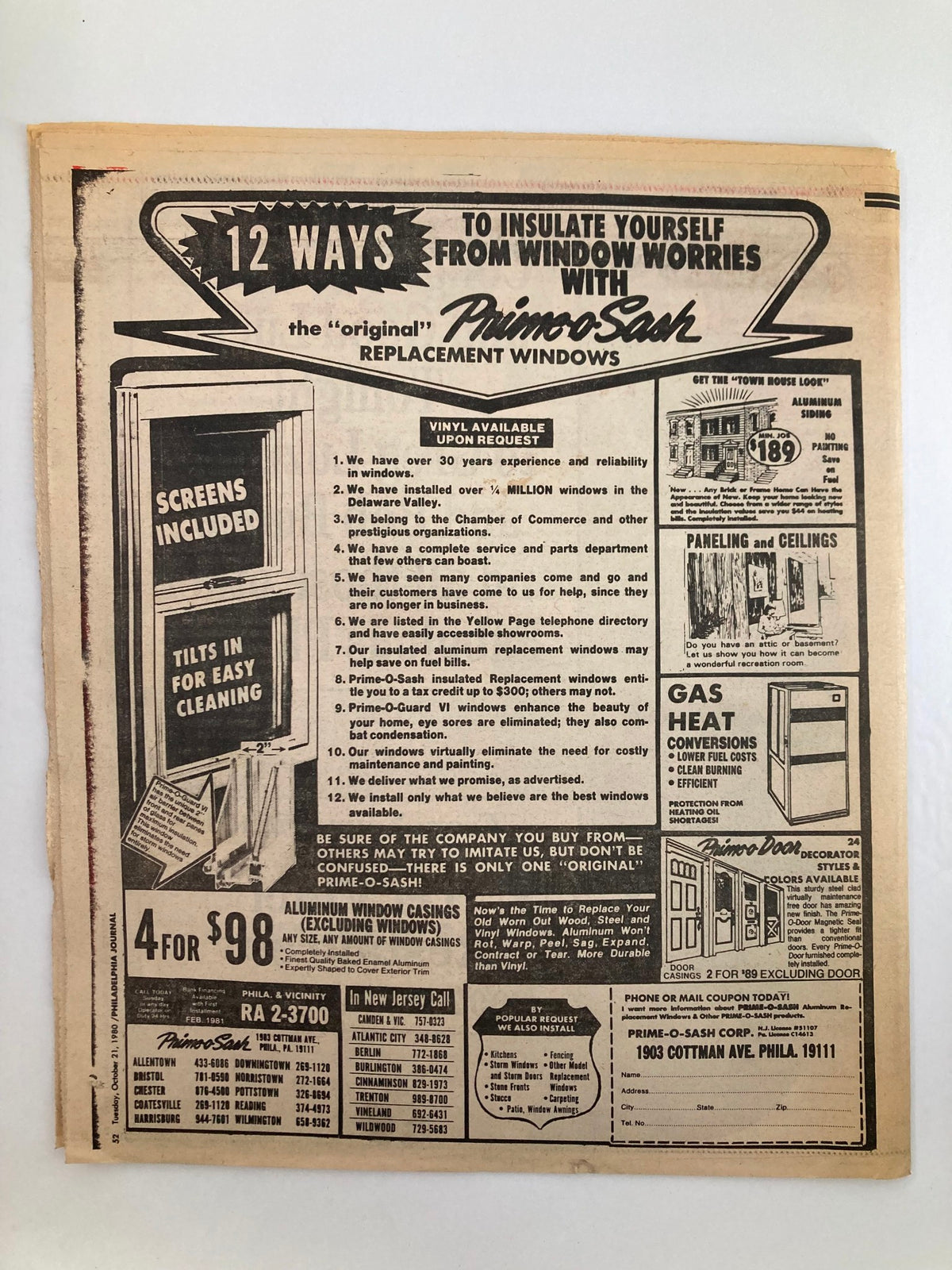 Back page of the Philadelphia Journal Tabloid October 21 1980 Vol 3 #267 with an advertisement for window insulation solutions highlighting '12 Ways to Insulate Yourself from Window Worries'.