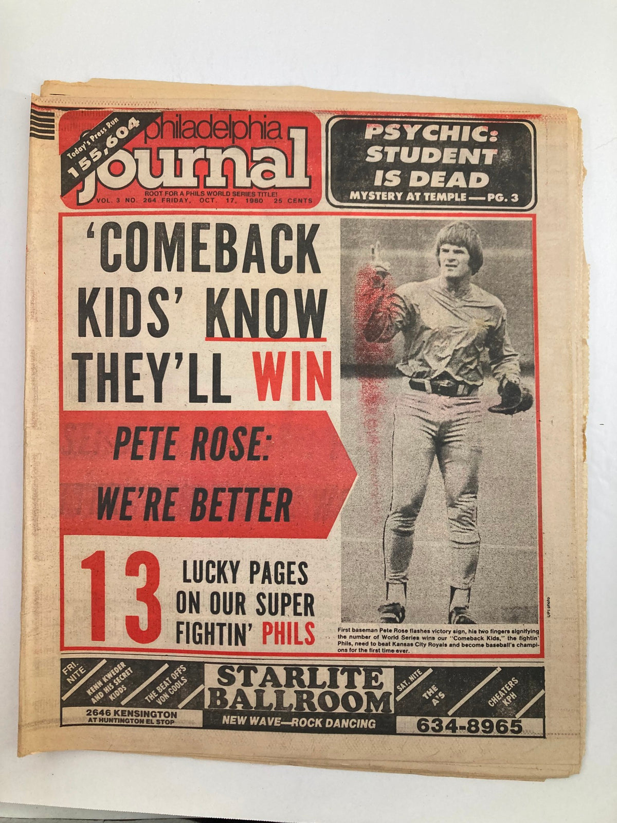 Philadelphia Journal Tabloid from October 17, 1980, featuring the MLB Phillies and Pete Rose on the front page. Highlights include the headline 'COMEBACK KIDS KNOW THEY'LL WIN' along with imagery of sports themes and promotions for dining and events.