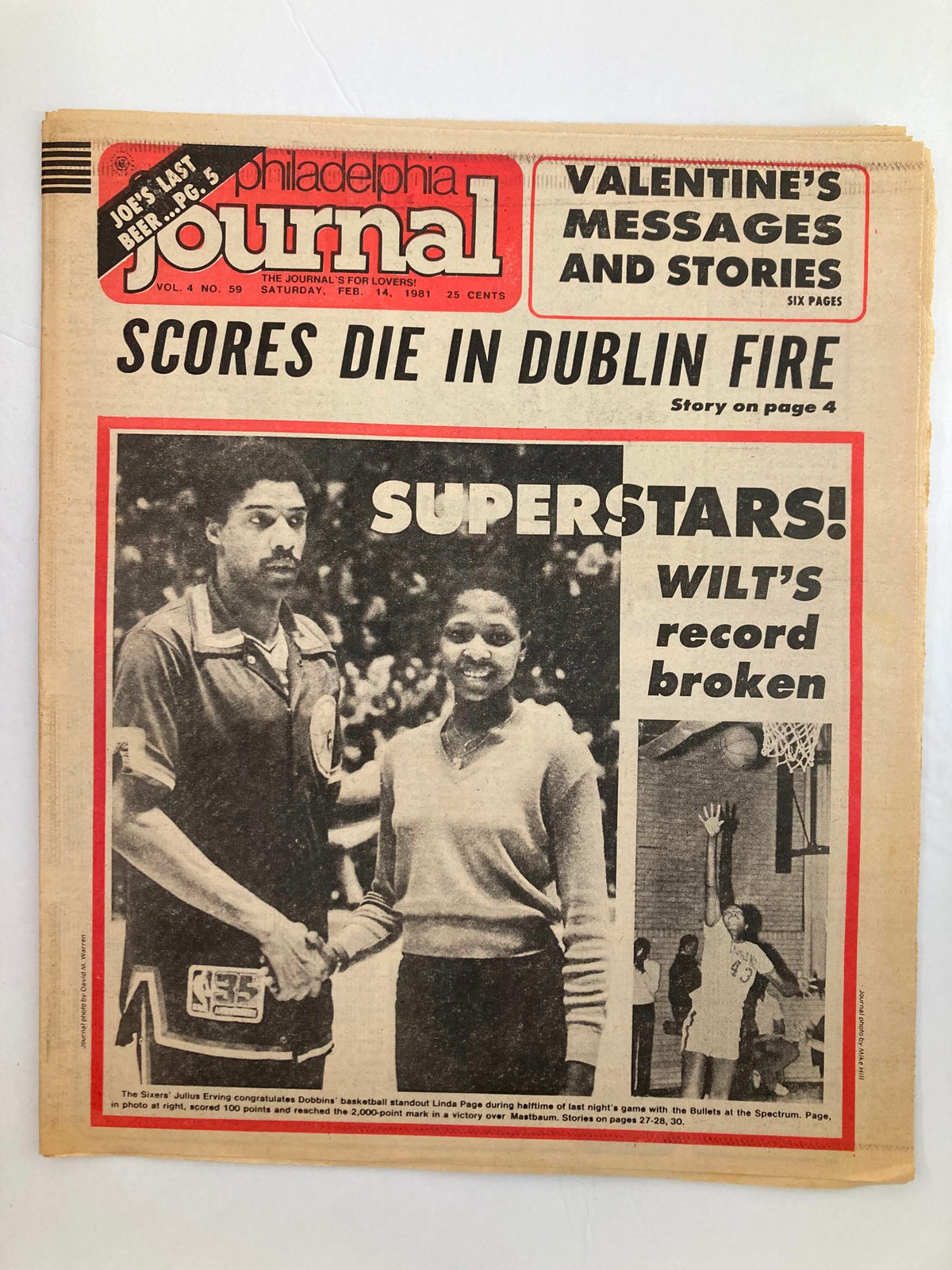Philadelphia Journal Tabloid February 14 1981 Vol 4 #59 featuring NBA Sixers' Julius Erving, highlights scores, and Valentine's messages.