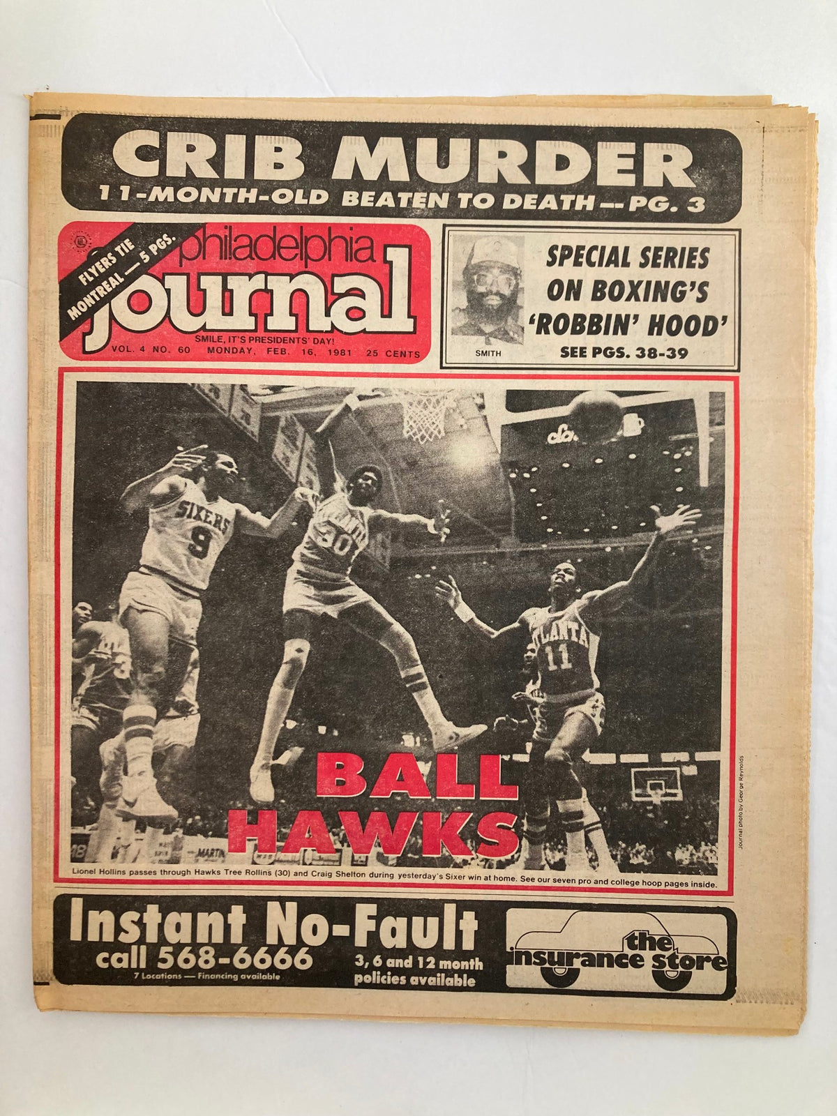 Philadelphia Journal Tabloid cover from February 16, 1981 featuring NBA Rockets' Lionel Hollins, highlighting sports memorabilia.