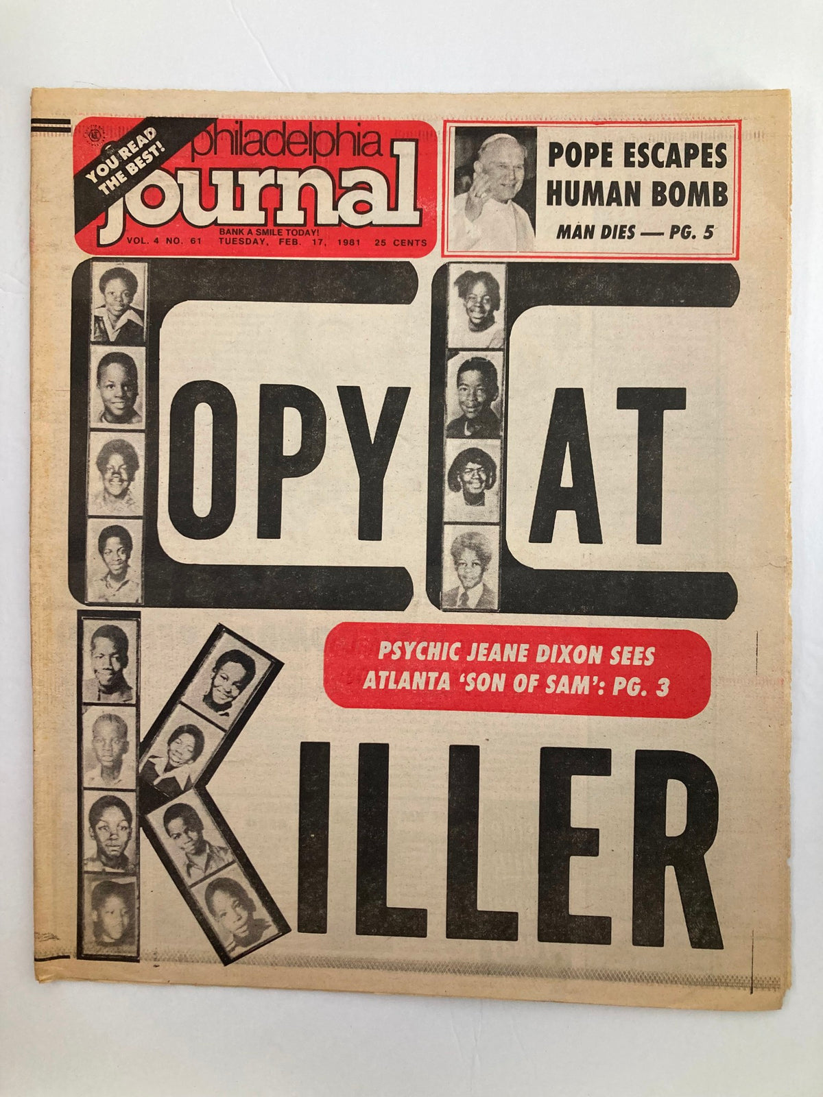 Cover of the Philadelphia Journal Tabloid, February 17, 1981, Vol 4 #61, featuring the headline 'Copycat Killer' and a cover story by psychic Jeane Dixon. The image showcases bold typography, photographs of individuals, and highlights important news stories from the period.