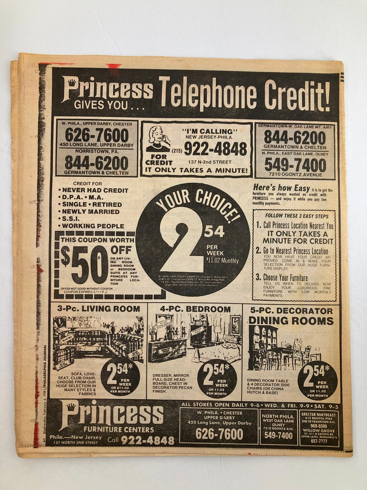 Vintage advertisement from the Philadelphia Journal Tabloid, February 4, 1981, featuring a special offer for Princess Furniture Centers. The ad highlights various furniture deals, including savings on living room, bedroom, and dining room sets, alongside the title 'Philadelphia Journal Tabloid February 4 1981 Vol 4 #50 Muhammad Ali Save Boxing'.