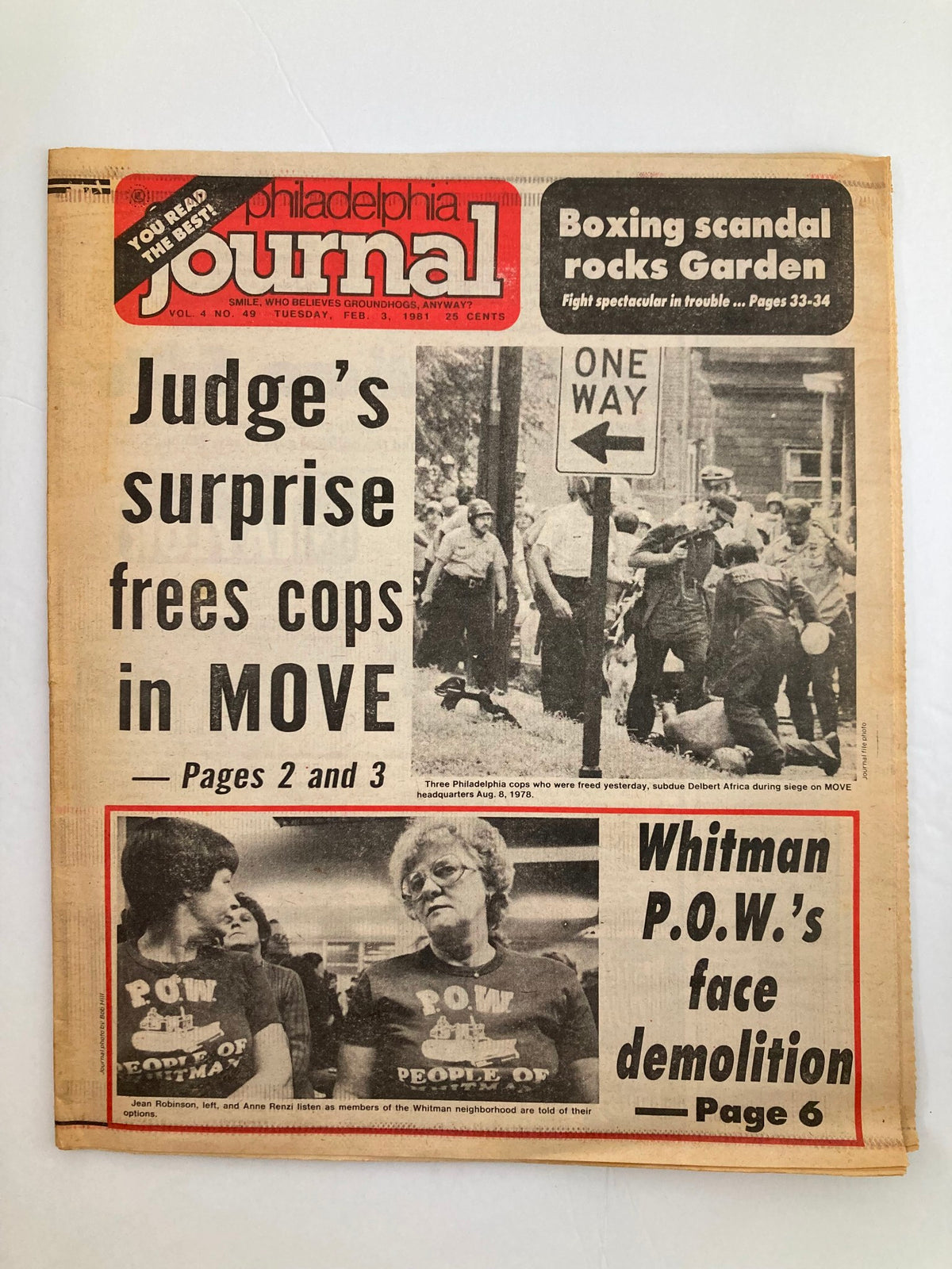 Philadelphia Journal Tabloid February 3, 1981, Vol 4 #49 featuring headline 'Judge's surprise frees cops in MOVE' with images related to boxing scandal and civil rights movement.