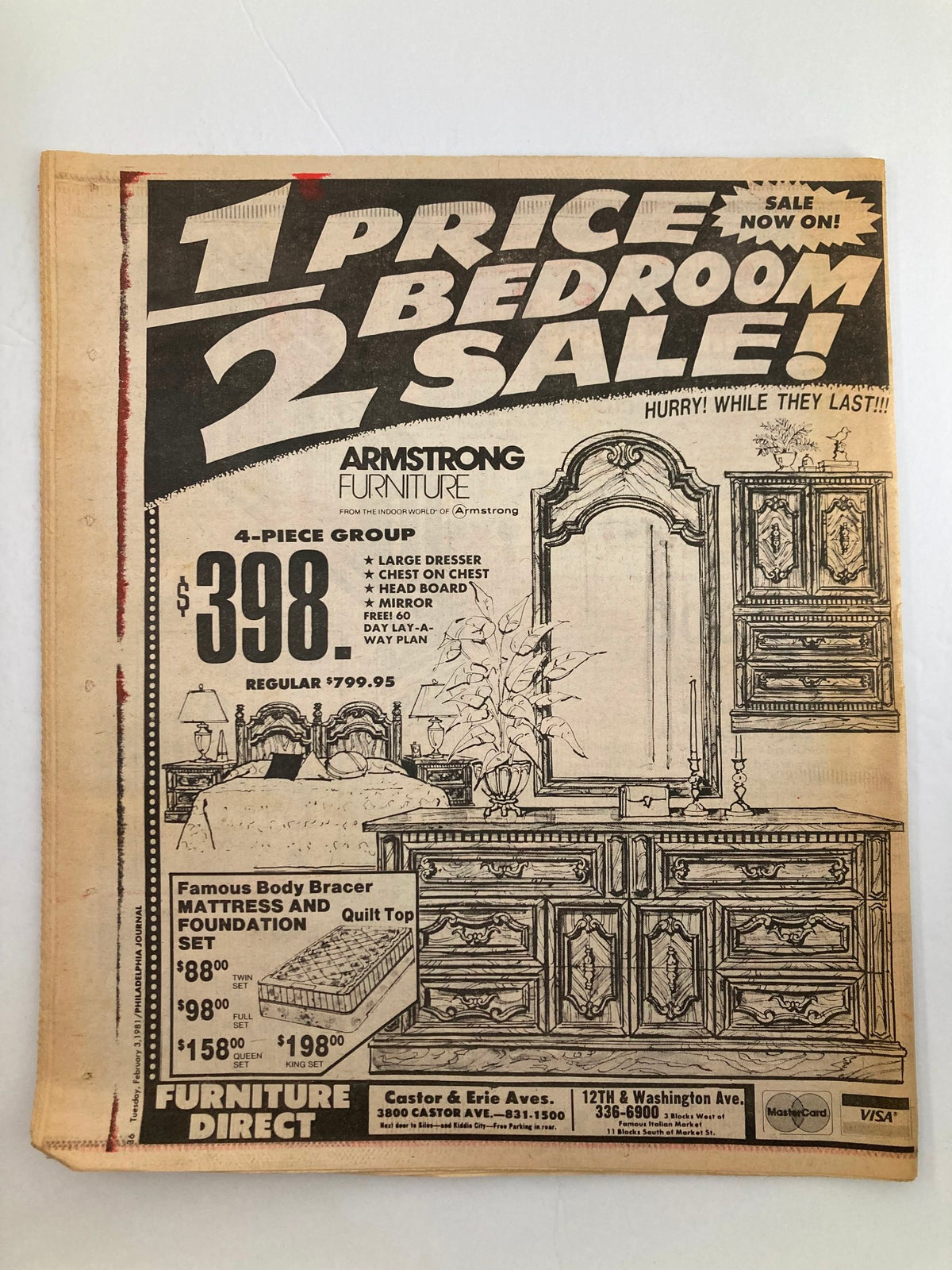 Philadelphia Journal Tabloid February 3, 1981, Vol 4 #49 advertising a '1 PRICE BEDROOM SALE' by Armstrong Furniture with pricing details and furniture items listed.