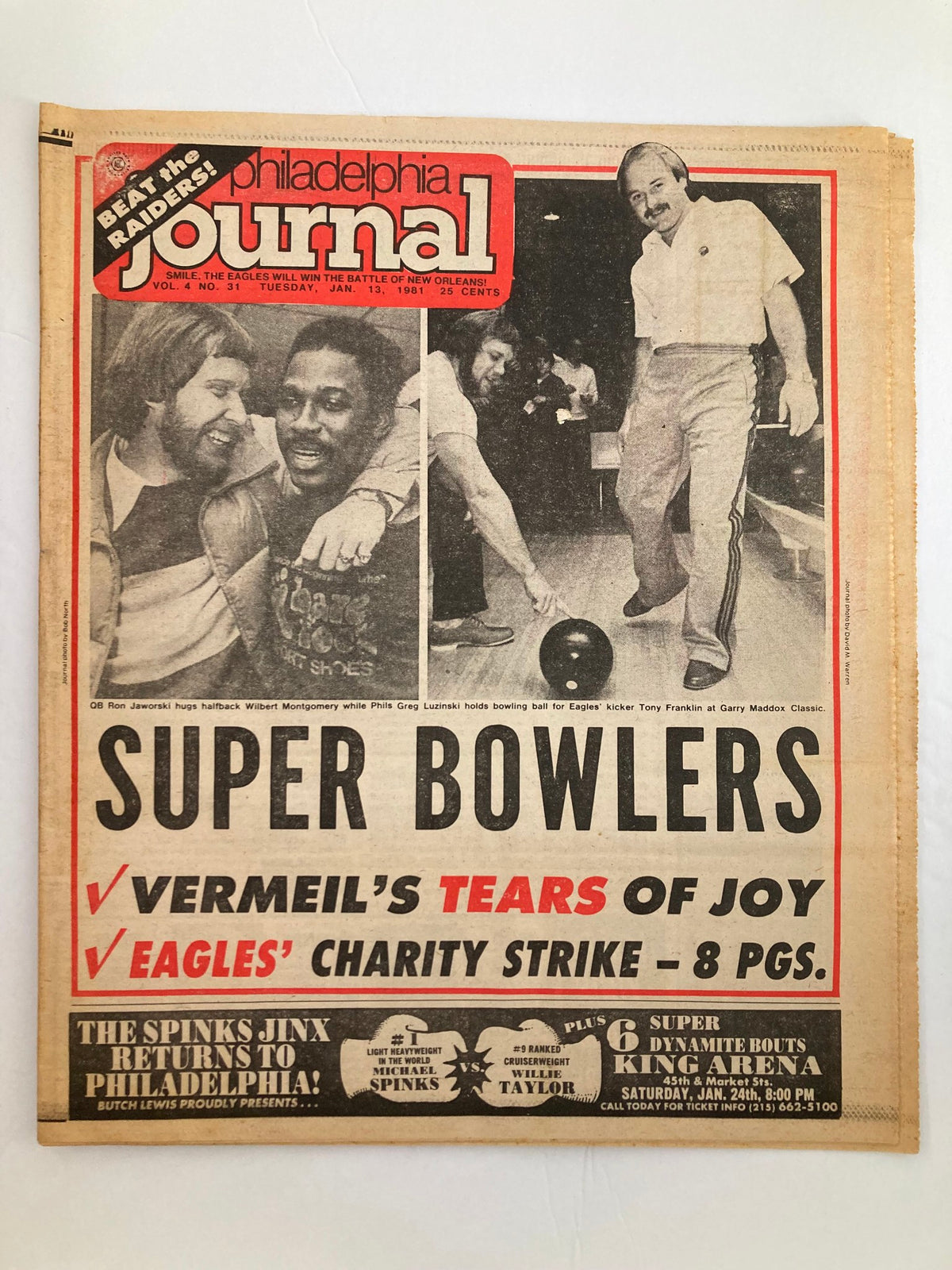 Philadelphia Journal Tabloid January 13 1981 featuring Ron Jaworski & Wilbert Montgomery, showcasing an image of two bowlers and sports headlines.