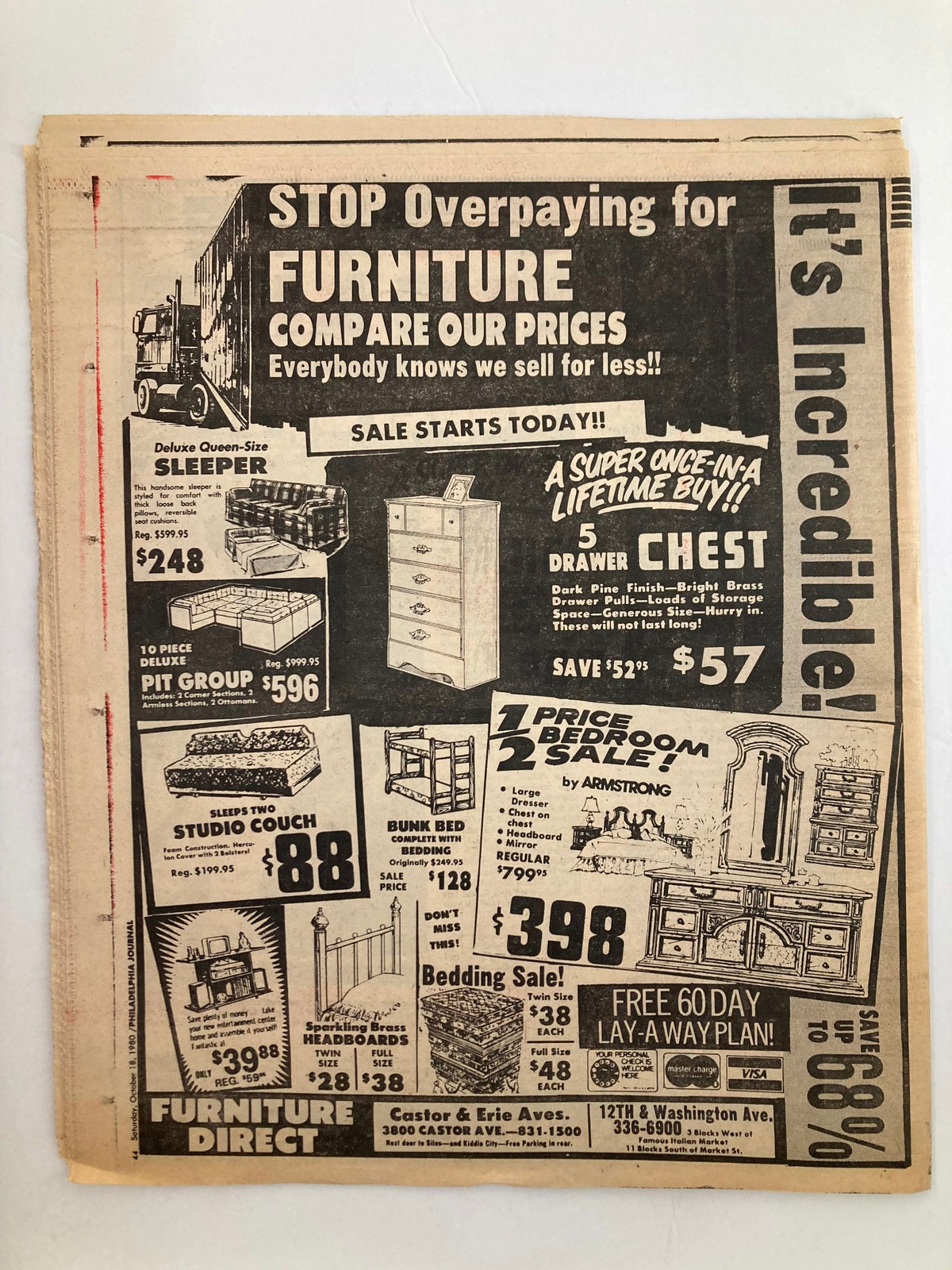 Philadelphia Journal Tabloid October 18 1980 Vol 3 #265 featuring a promotional advertisement for furniture sales, highlighting competitive prices for various items including couches, dressers, and bedding.
