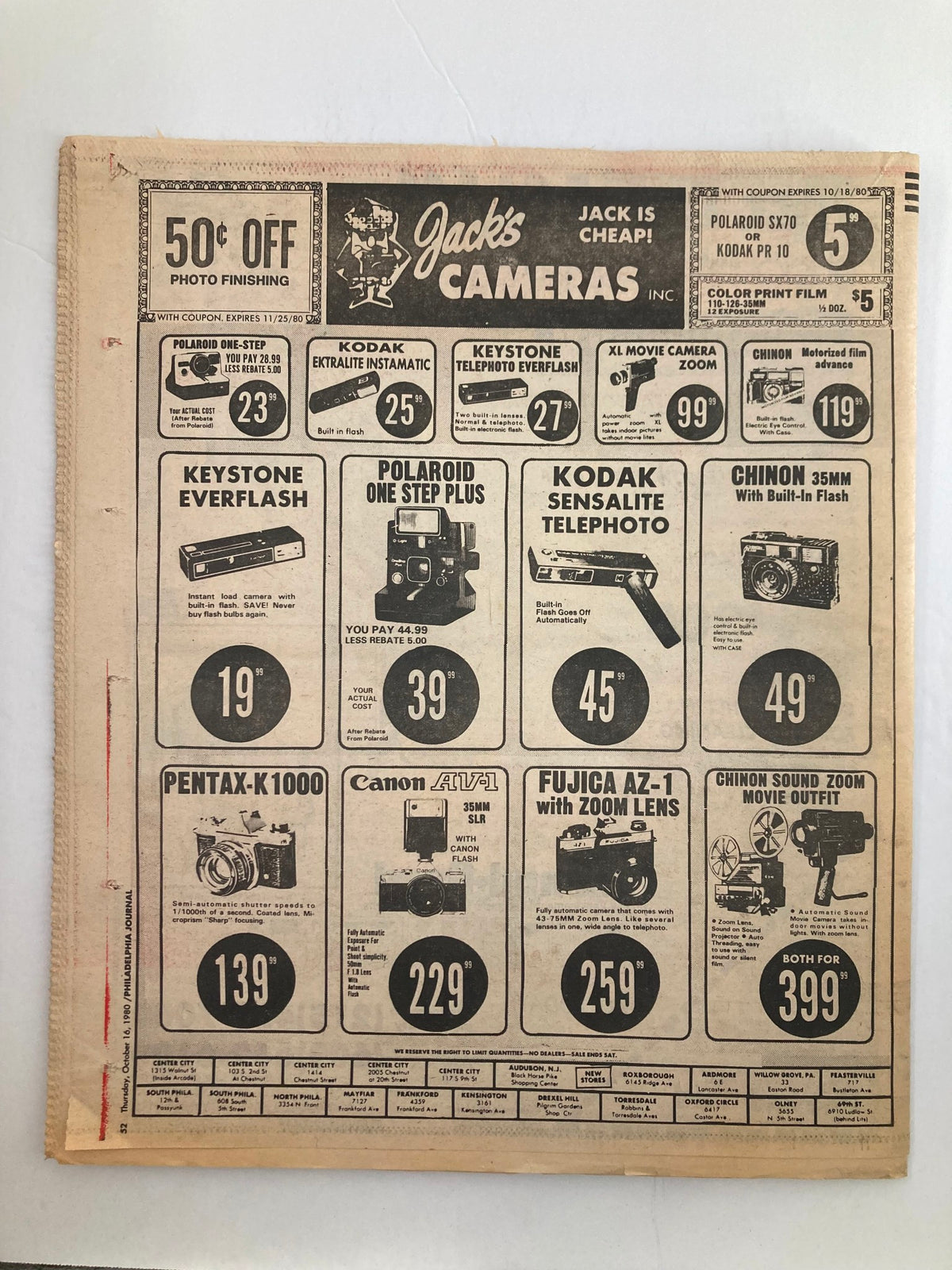 Back cover of Philadelphia Journal Tabloid October 16 1980, showcasing an advertisement for Jack's Cameras with various camera models and prices.