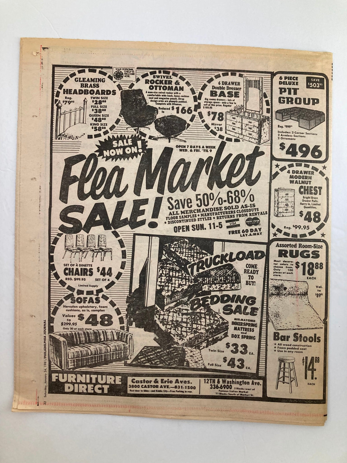 Philadelphia Journal Tabloid January 24 1981 Vol 4 #41, displaying an advertisement for a Flea Market Sale with details on furniture discounts and items for sale, including sofas and rugs.