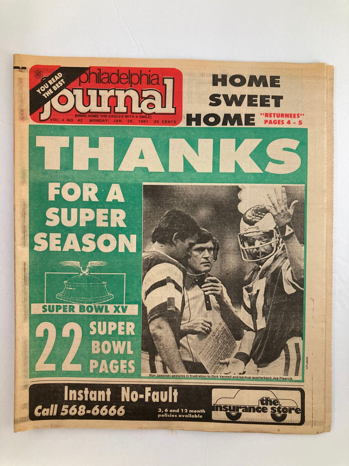 Philadelphia Journal tabloid from January 26, 1981, featuring NFL players Ron Jaworski and Dick Vermell, with a cover thanking fans for a super season and announcing Super Bowl XV with 22 dedicated pages.