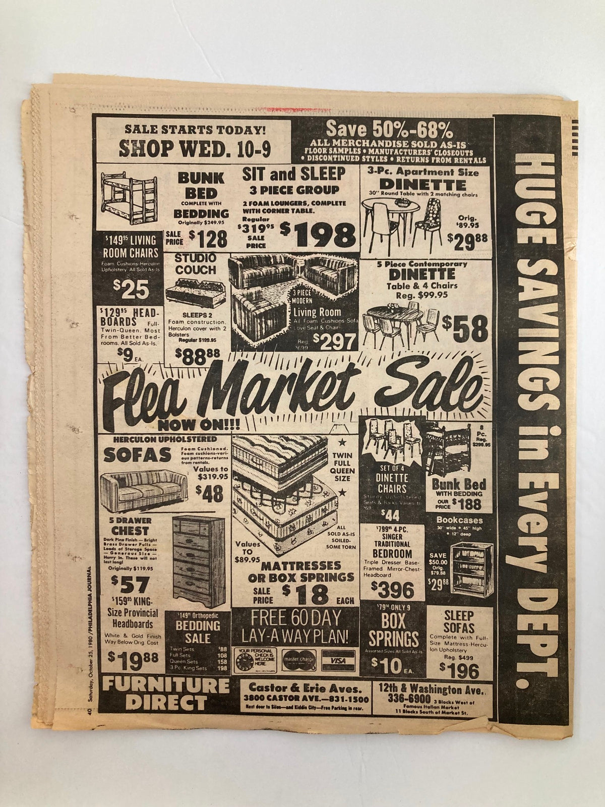 Philadelphia Journal Tabloid October 25 1980 Vol 3 #271 showcasing a flea market sale advertisement, displaying discounts on furniture and home goods.