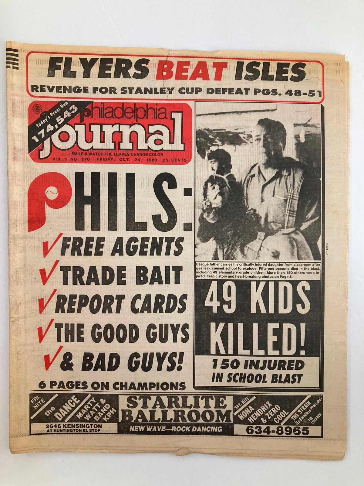 Philadelphia Journal Tabloid October 24 1980 Vol 3 #270 MLB Phils Report Cards featuring headlines about Philadelphia Phillies, free agents, trade bait, and report cards, with a dramatic cover showcasing baseball news.