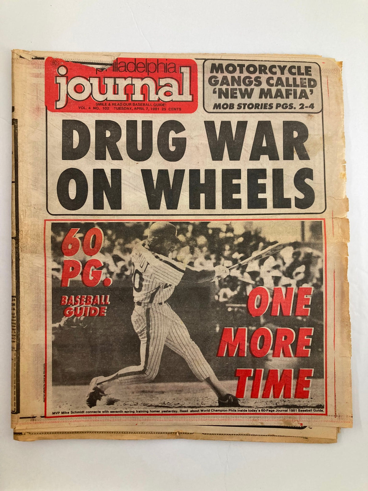 Philadelphia Journal Tabloid from April 7, 1981, featuring headlines on MLB with Mike Schmidt. The cover highlights 'Drug War on Wheels' and includes a 60-page baseball guide.