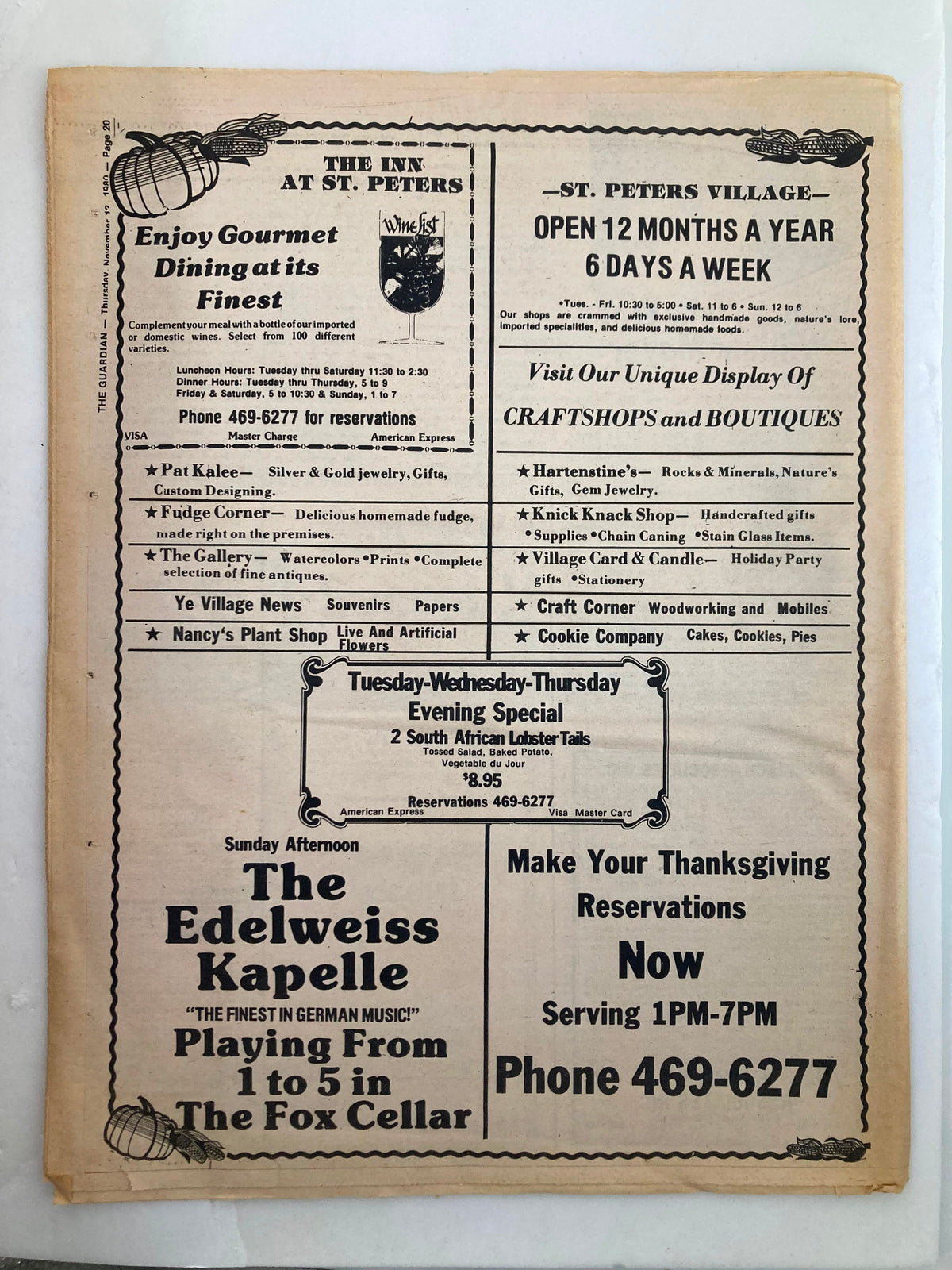 Back page of The Guardian Newspaper November 20, 1980 displaying advertisements for local businesses, including The Inn at St. Peters and an upcoming Sunday afternoon music event.