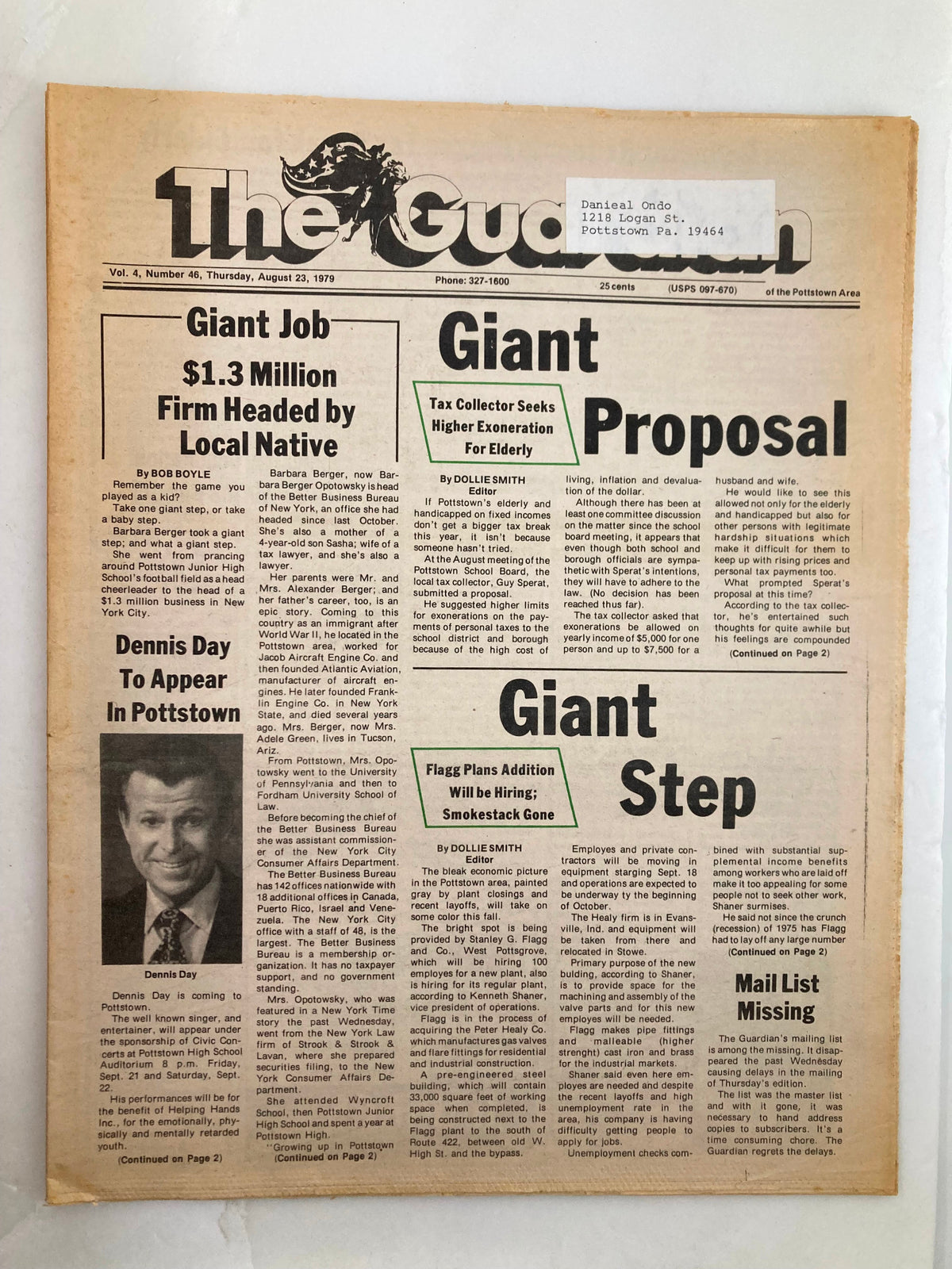 The Guardian Newspaper August 23 1979 Vol 4 #46 featuring an article about Dennis Day's appearance in Pottstown with headlines including 'Giant Job' and 'Giant Proposal.'