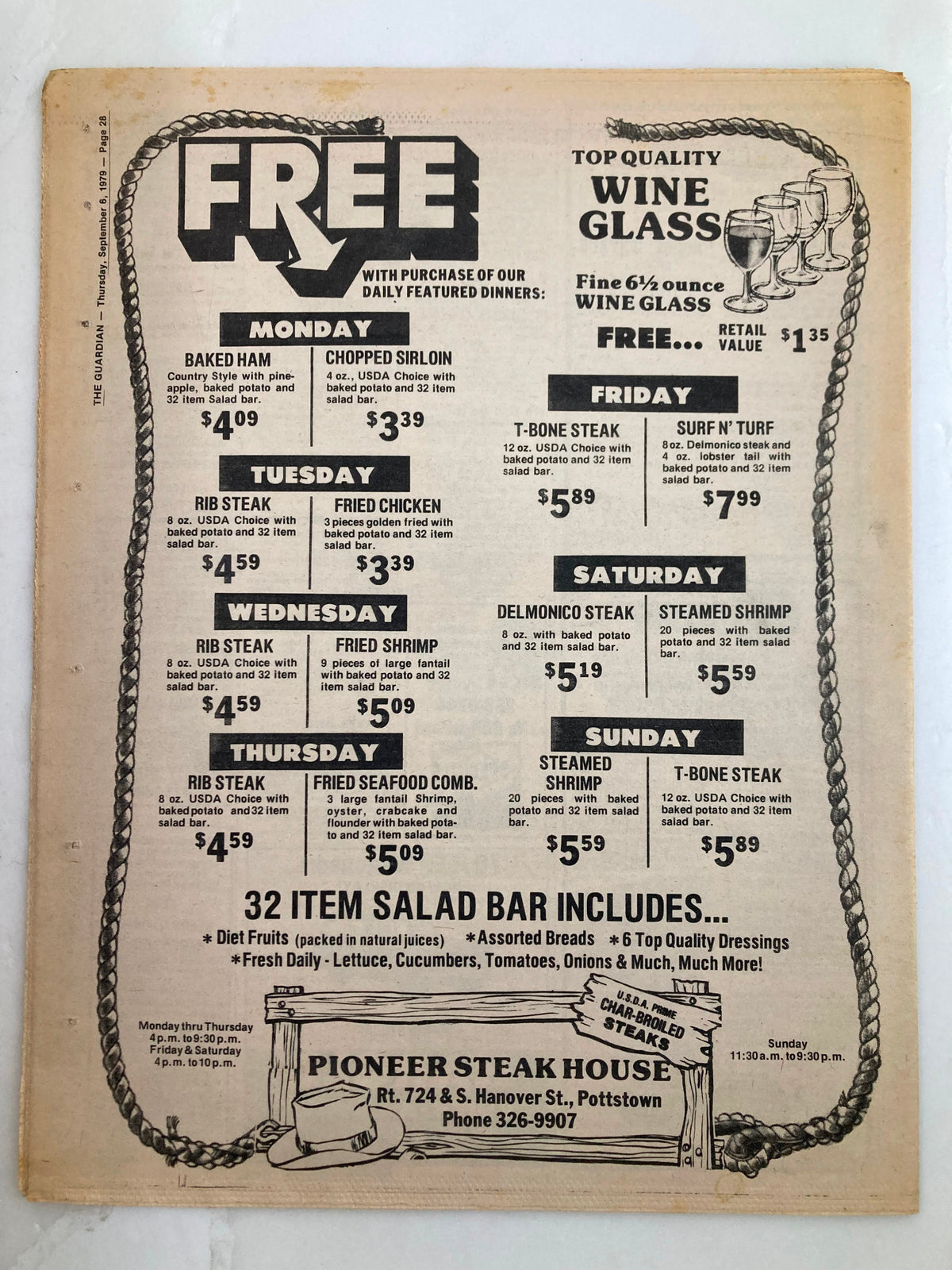 A vintage advertisement from The Guardian Newspaper dated September 6, 1979, featuring a promotion for Pioneer Steak House that highlights daily featured dinners and a free wine glass offer. This image showcases the original layout and design from the newspaper, capturing the essence of advertising in the late 1970s.