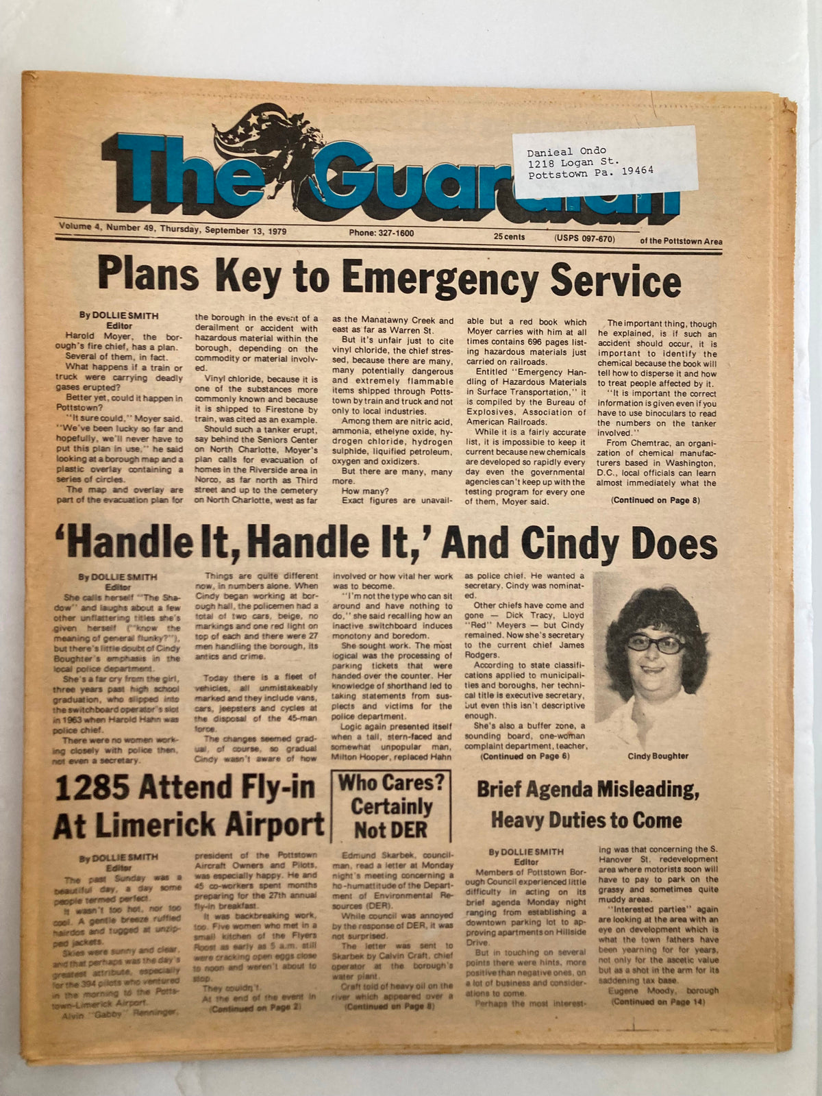 The Guardian Newspaper September 13 1979 Vol 4 #49 featuring the headline 'Plans Key to Emergency Service' with an article by Dollie Smith. The front page discusses various community events and services. Good condition with minor wear.