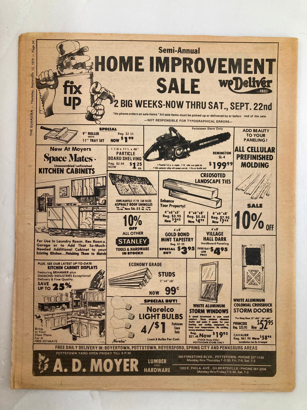 Fix Up magazine advertisement for home improvement sale by A.D. Moyer, highlighting discounts on kitchen cabinets, light bulbs, and other hardware items. Semi-annual sale details valid until September 22.