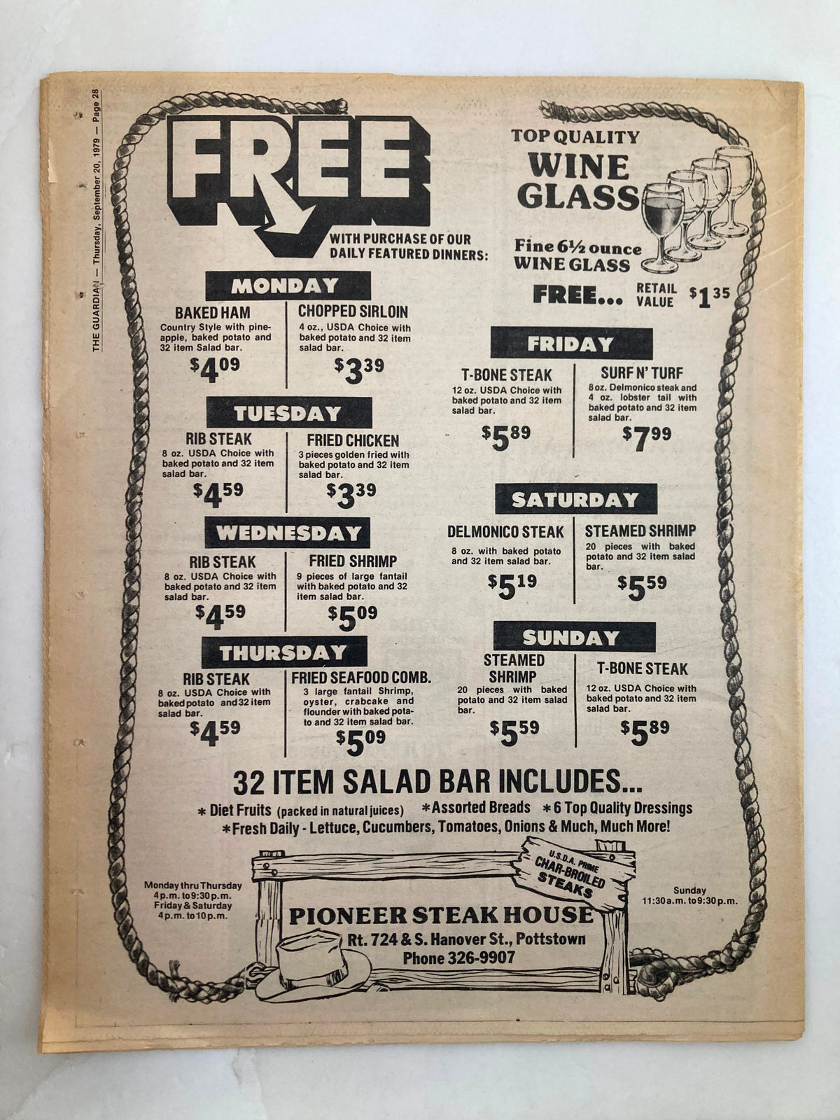 The back advertisement page of The Guardian Newspaper September 20 1979 Vol 4 #50 promoting Pioneer Steak House with a special offer of a free wine glass with featured dinners.