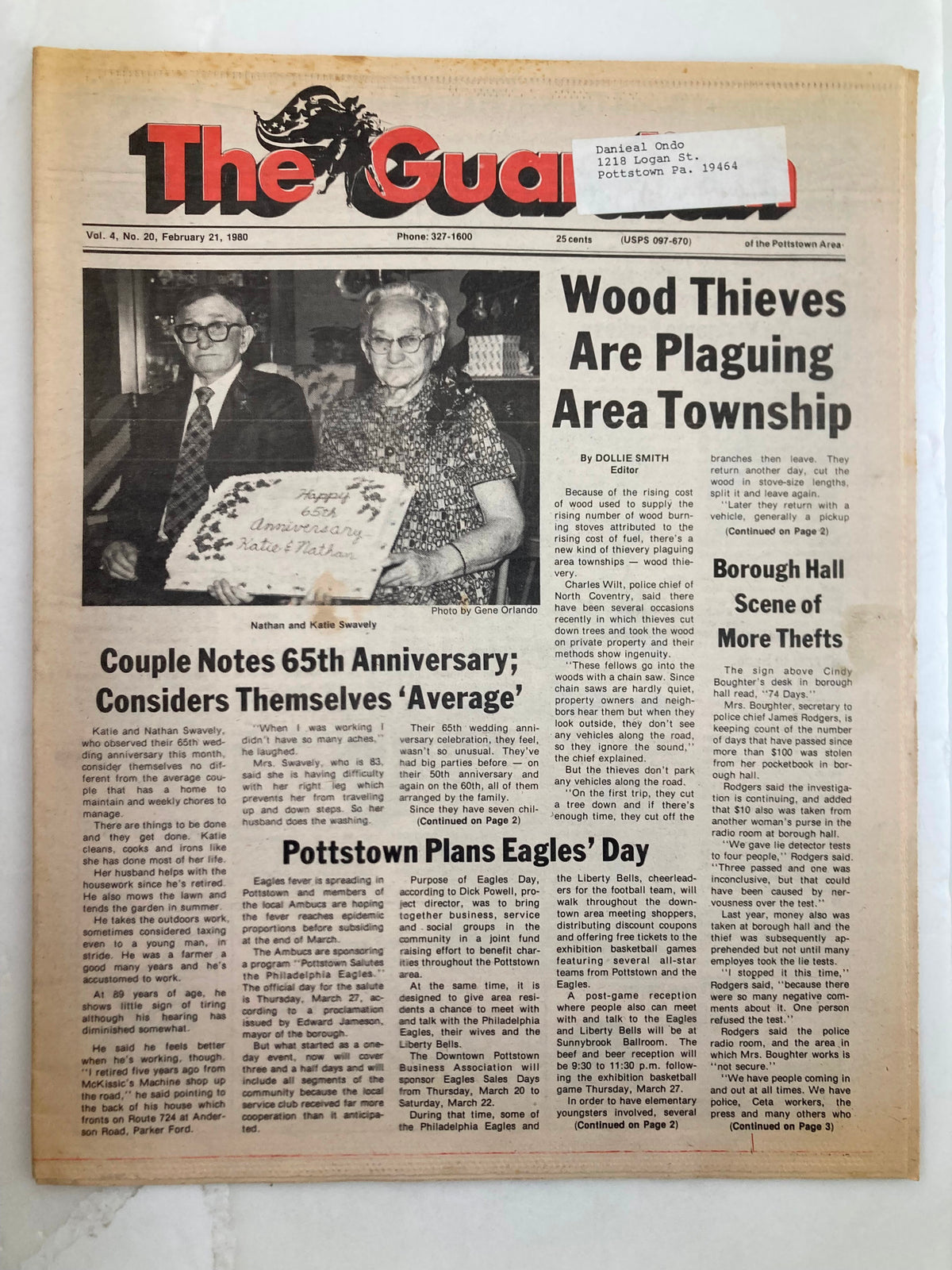 The Guardian Newspaper February 21 1980 Vol 4 #20 featuring a couple celebrating their 65th anniversary, with headlines about wood thieves and local events.