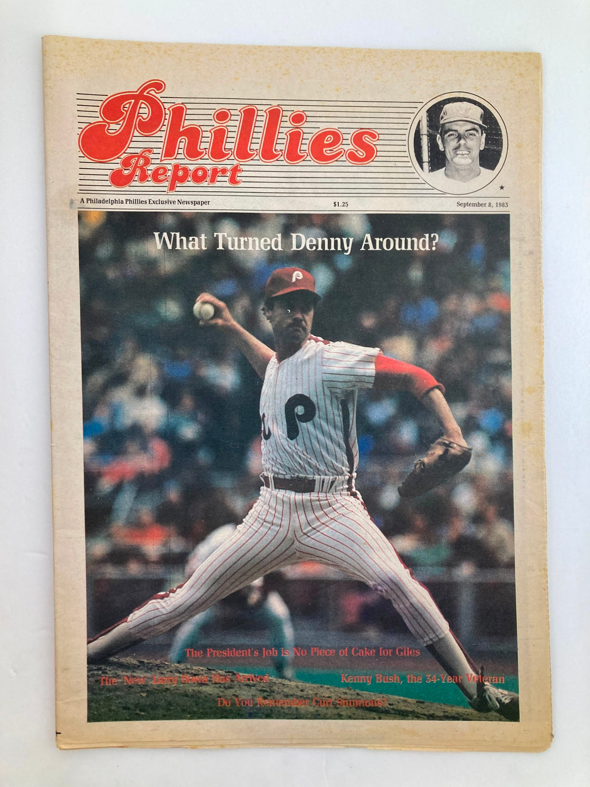 Philadelphia Phillies Report Newspaper September 8, 1983 featuring John Denny on the cover, showcasing him in action at the baseball field.