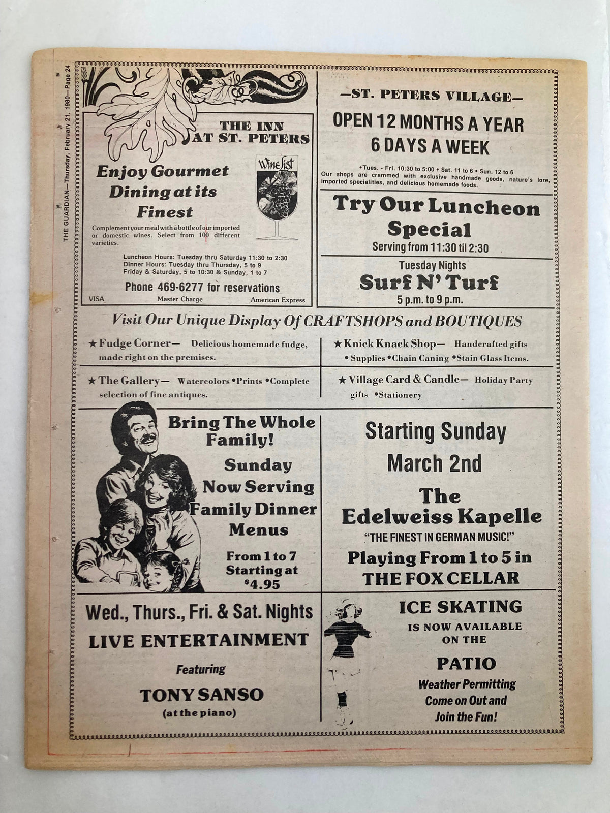 The reverse side of The Guardian Newspaper February 21 1980 Vol 4 #20 highlighting local dining options and entertainment events in St. Peters.