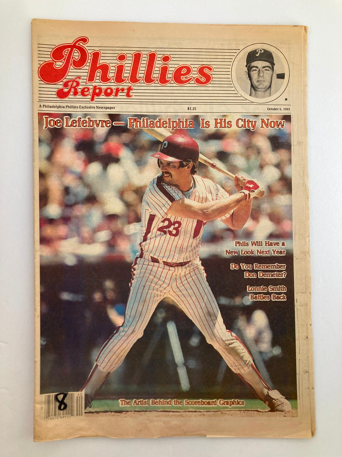 Philadelphia Phillies Report Newspaper October 6 1983 featuring Joe Lefebvre on the cover, showcasing Phillies news and updates.
