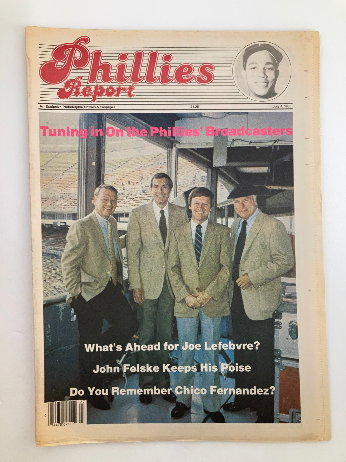 Philadelphia Phillies Report Newspaper July 4 1985 featuring an image of four broadcasters in suits discussing the Phillies, highlighting John Felske and baseball insights.