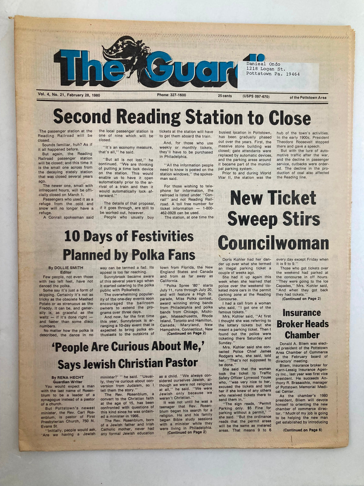 The Guardian Newspaper February 28 1980 Vol 4 #21 featuring the headline 'Second Reading Station to Close'. The front page includes articles regarding local events, a Jewish Christian pastor, and ticketing information for upcoming events. The newspaper is noted to be in good condition, featuring a label and minor wear.