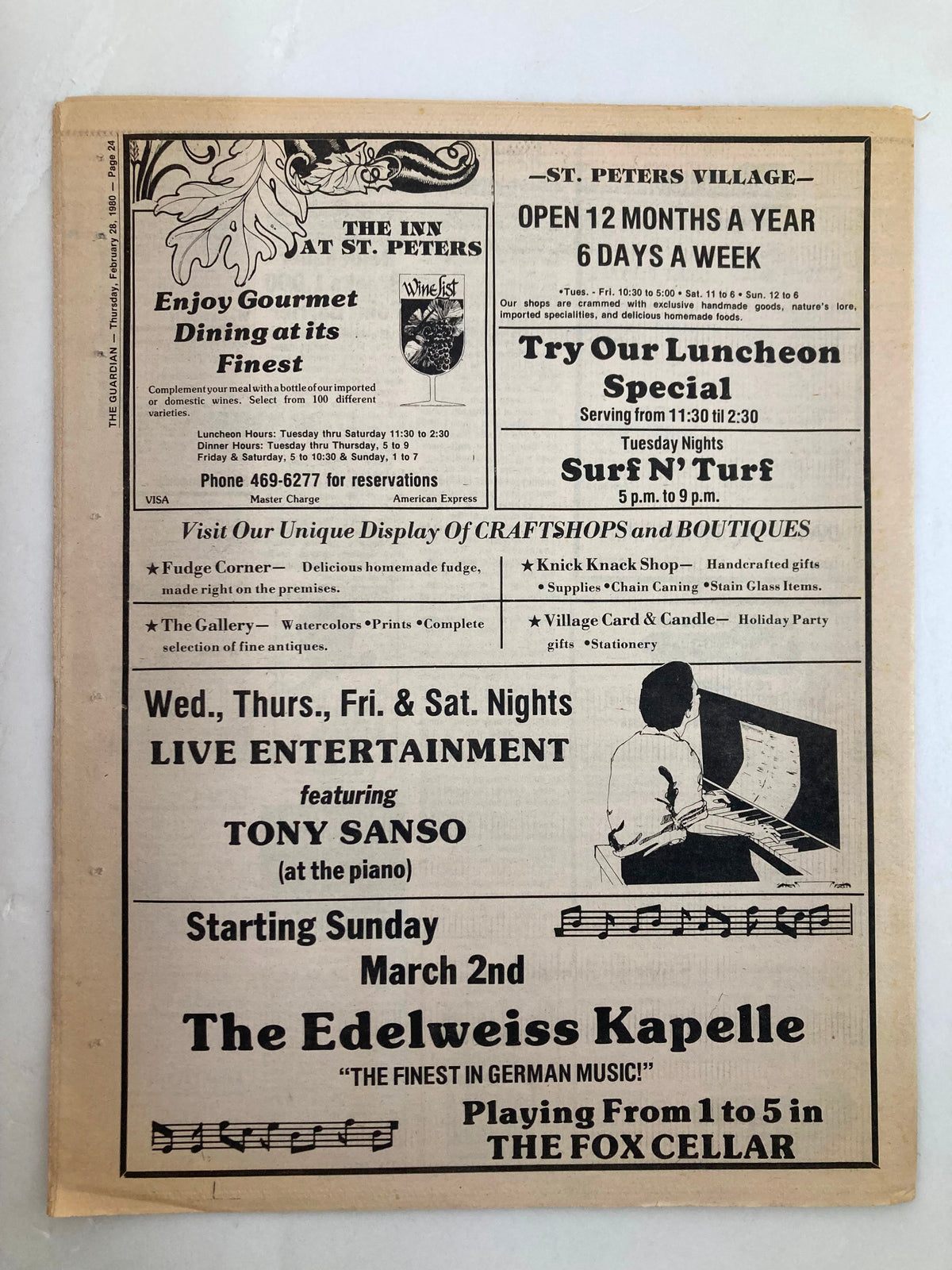 The Guardian Newspaper February 28 1980 Vol 4 #21 featuring advertisements for local dining and entertainment, including an event with Tony Sanso and The Edelweiss Kapelle, showcasing a vintage newspaper layout.