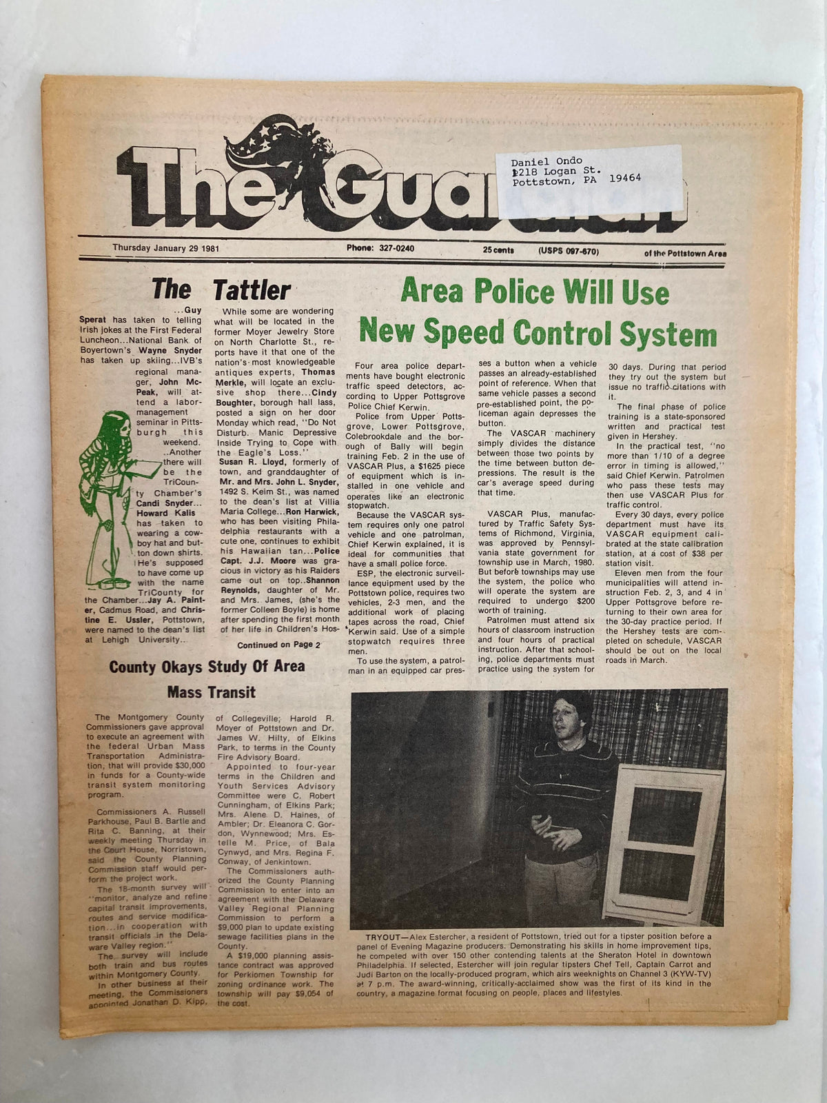 The Guardian Newspaper from January 29, 1981 featuring the headline 'County Okays Study Of Area Mass Transit'. The newspaper displays articles and images relevant to local news, including police updates and community announcements.