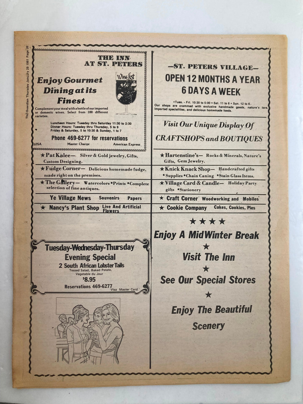 The back cover of The Guardian Newspaper January 29, 1981 with advertisements for local businesses, including dining and craft displays, showcasing community services and events.