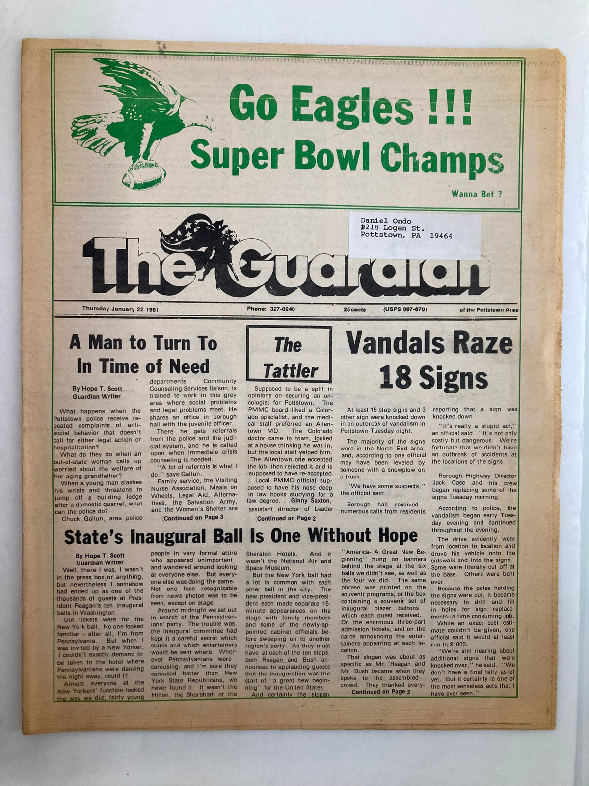 The Guardian Newspaper, January 22, 1981, featuring the headline 'Go Eagles !!! Super Bowl Champs'. The front page highlights the victory of the Eagles, includes the publication details, and showcases the newspaper's unique design.