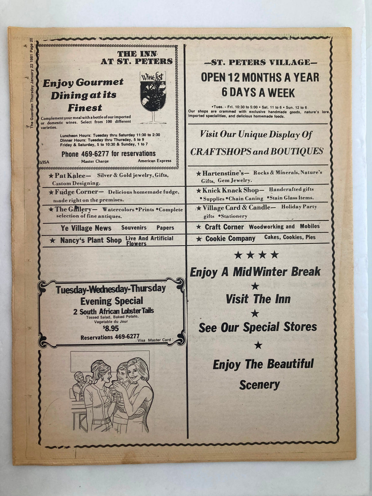 The Guardian Newspaper, January 22, 1981, back side showing advertisements, including 'The Inn at St. Peters' and other local services. Captures the vintage style of newspaper classifieds from the era.