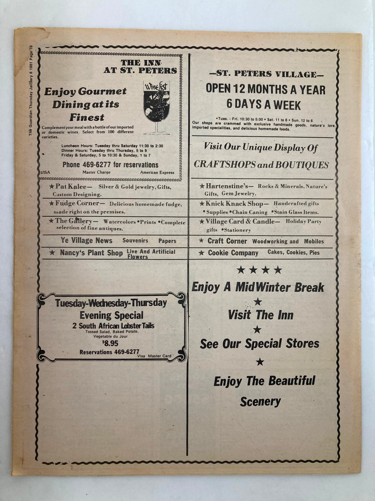 The reverse side of The Guardian Newspaper from January 8, 1981, includes an advertisement for 'The Inn at St. Peters', highlighting dining options and local events.