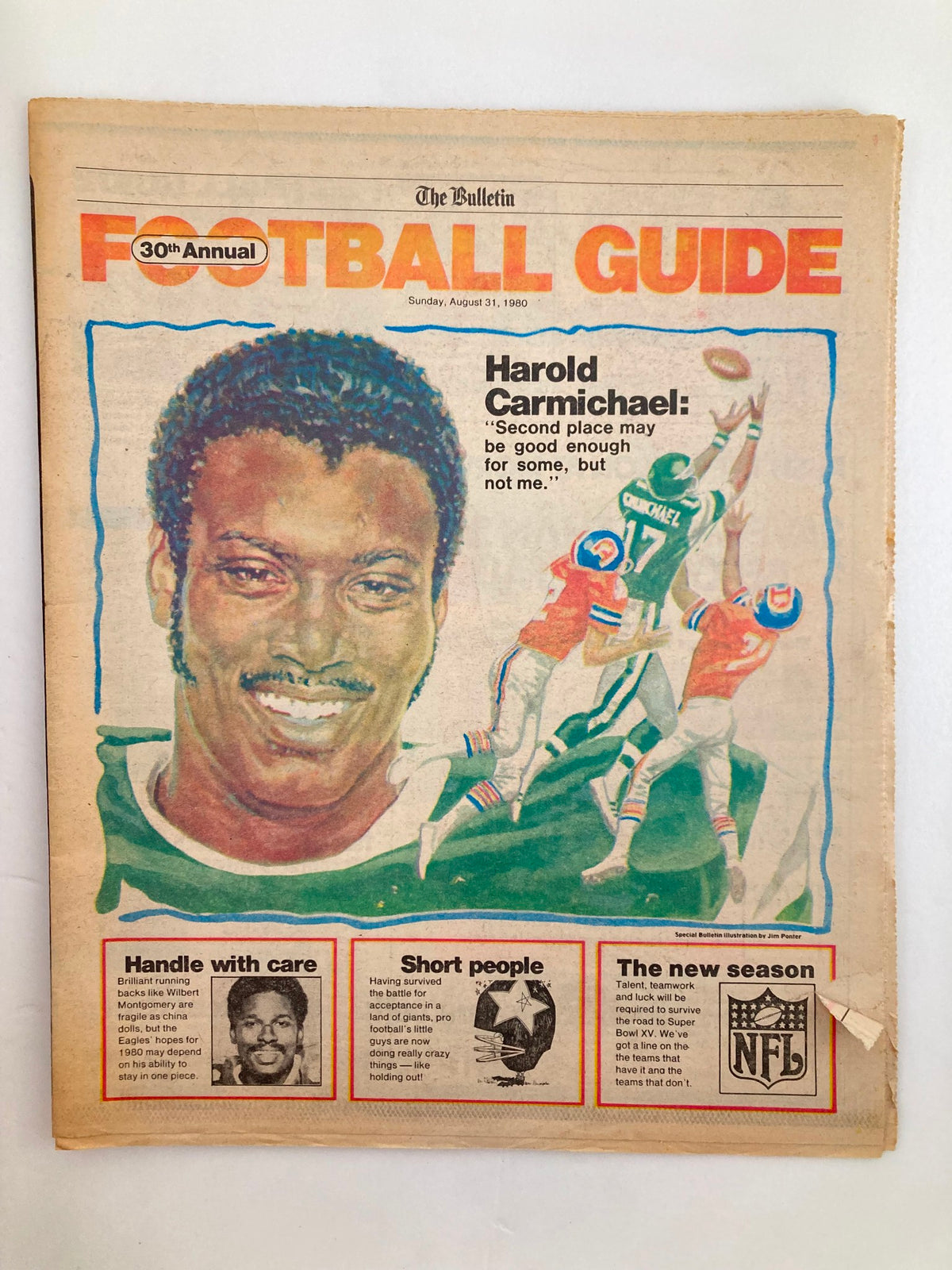 Cover of The Bulletin Football Guide, dated August 31, 1980, featuring NFL Eagles player Harold Carmichael with a portrait illustration and highlights from the era's football culture.