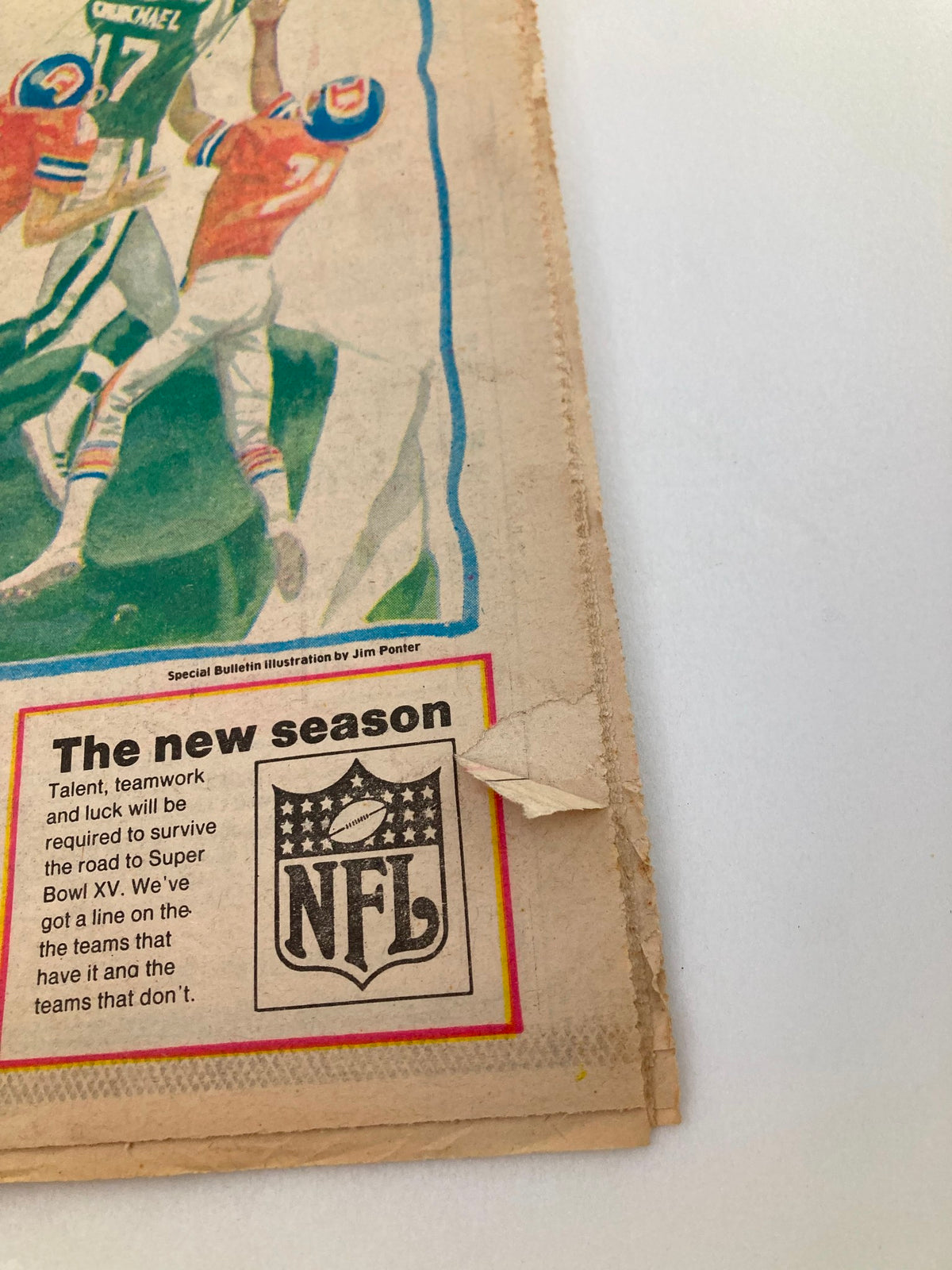 Side view of The Bulletin Football Guide dated August 31, 1980, displaying the NFL logo and an excerpt titled 'The new season', emphasizing team strategies for Super Bowl XV.